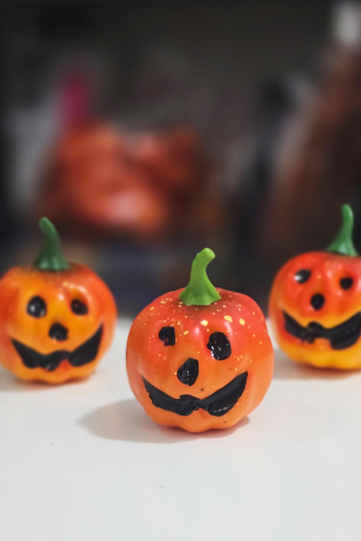 PEKSHOP Halloween Gülen Surat Balkabağı Figür Süs 7cm - 3 Lü Set Cadılar Bayramı Kabak Figür Masa Süsleri 3