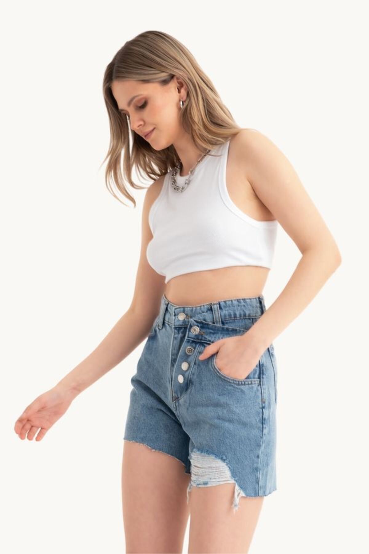Hiccup-Double Layer Denim Shorts with High Waist and Button Detail 2