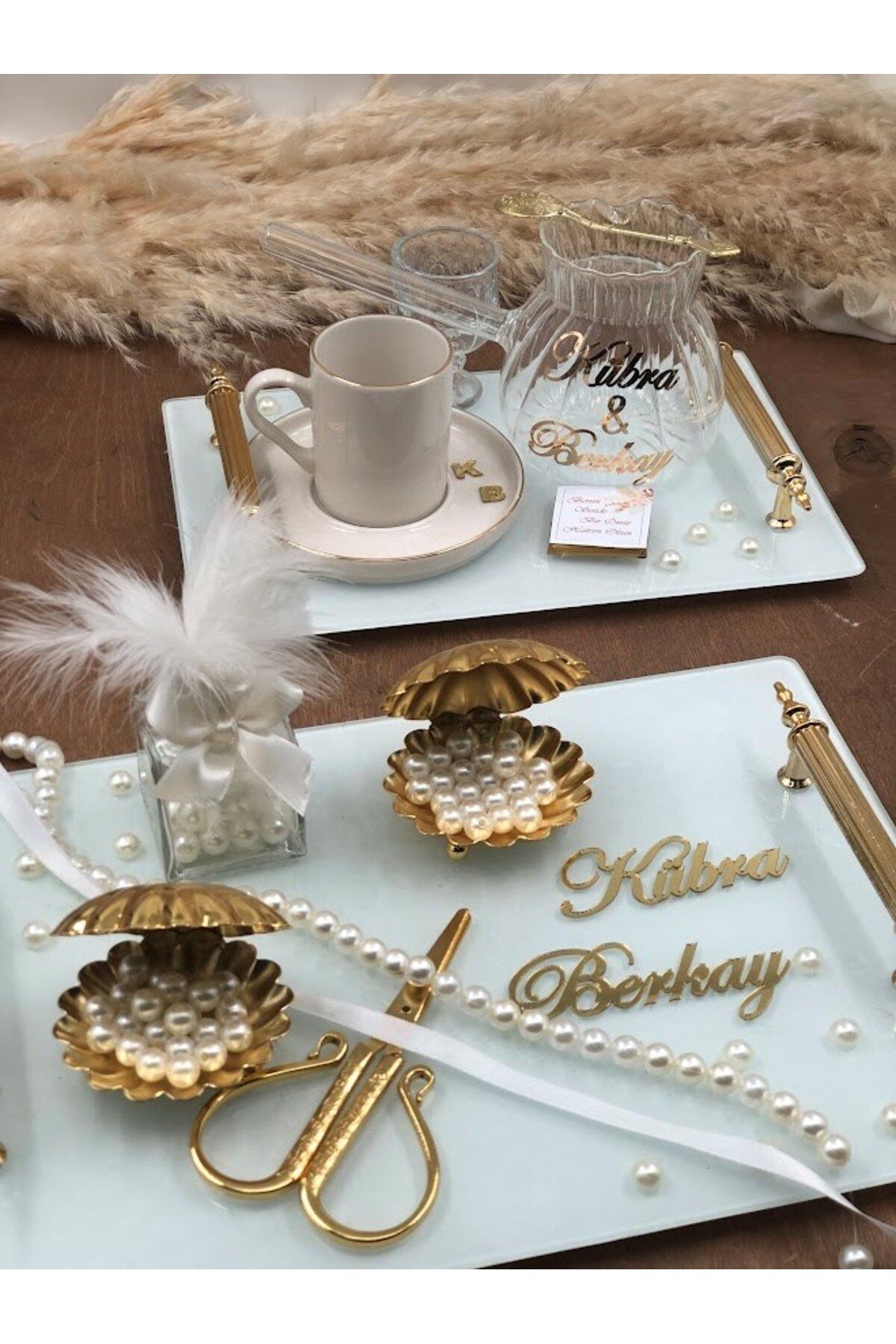 Desenor Concept Cam Cezve İncili Kurdele Söz Nişan Tepsisi ve Damat Kahvesi Kız İsteme TepsiTakımı