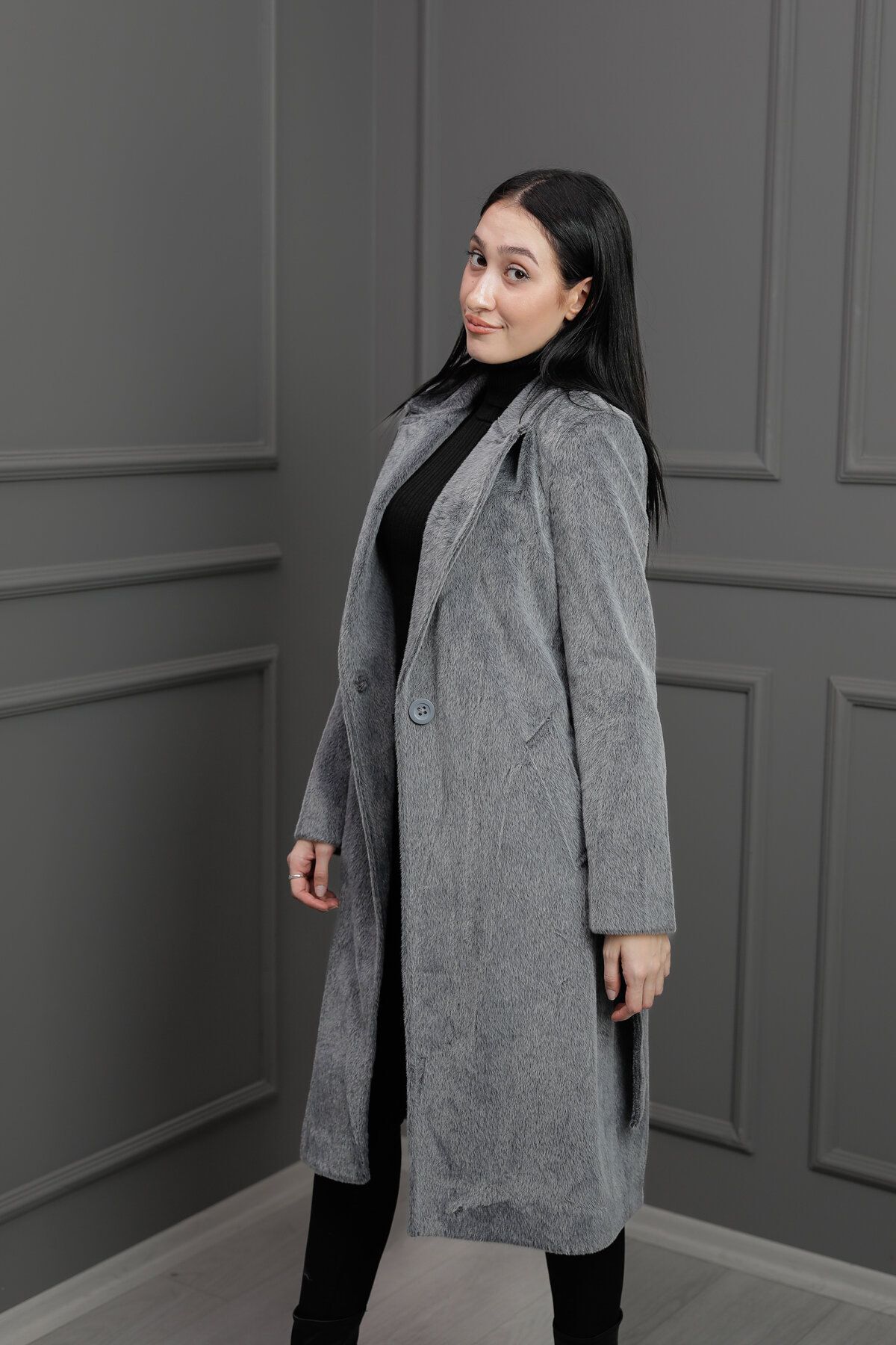 しゅう　グレーM ukdeep KASİDE Kadın Slimfit Kesim Kaşe Kaban Mont - Fiyatı, Yorumları