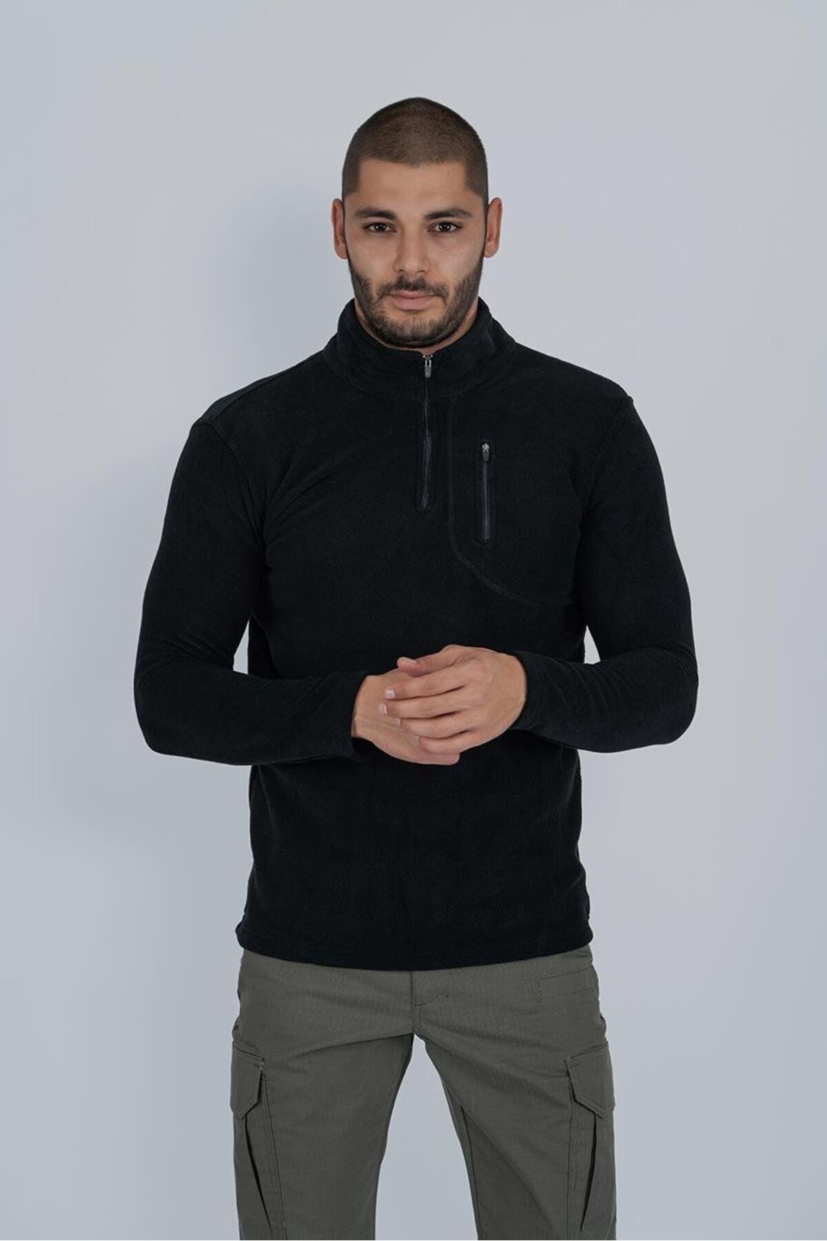سویشرت تاکتیکی نیم زیپ پشمی ضد پرزگیری Bikatex یقه ایستاده پشمی - 903-BLACK - S — مشکی 4B8PJEY8RM — تصویر 3 از 5
