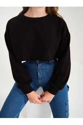 Modaliz Kadın Lacivert Pamuklu Basic Uzun Kollu Crop Sweatshirt