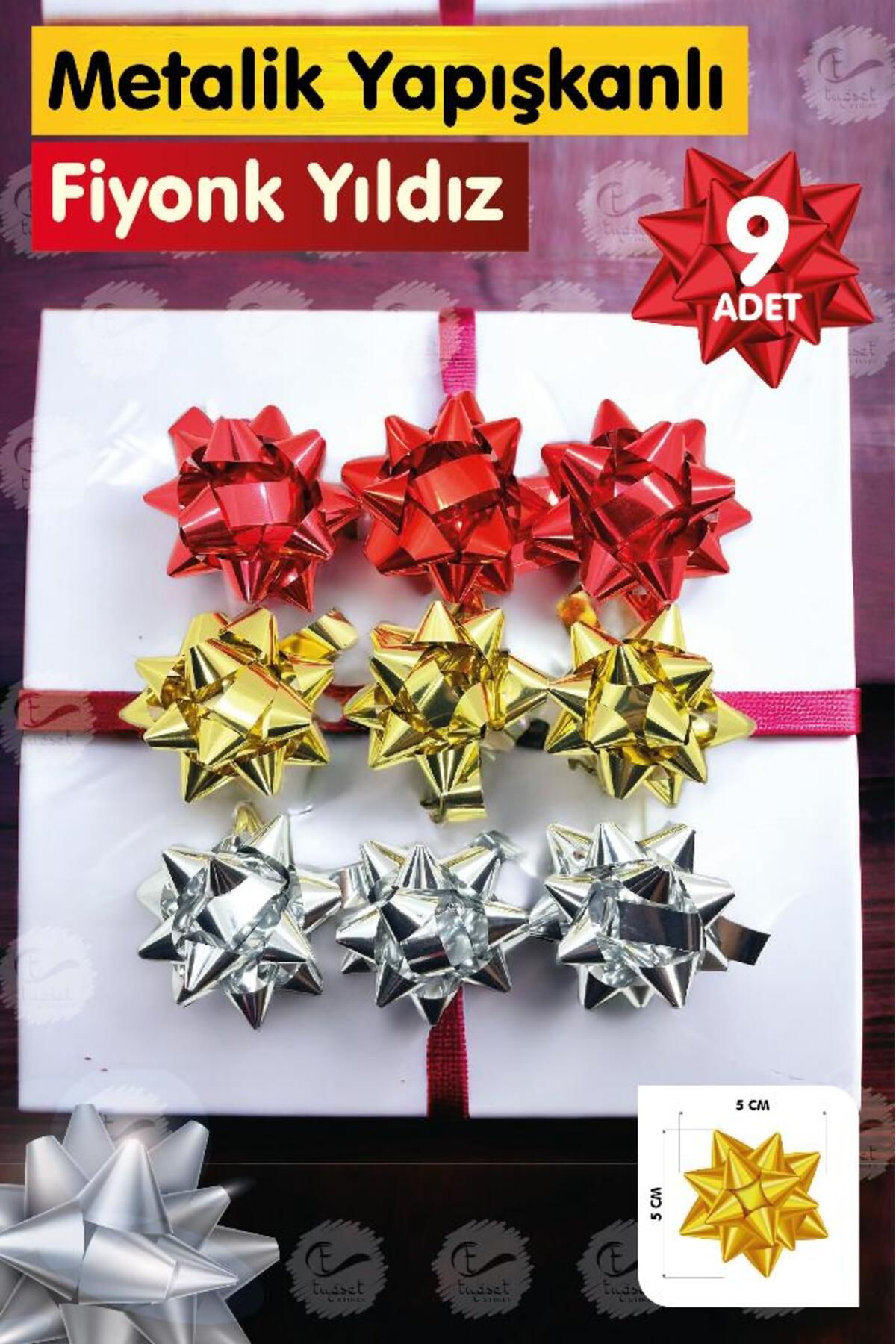 t tuğset etiket Hediye Paketi Süsleri 9Adet  Metalik Yapışkanlı Fiyonk Yıldız Yılbaşı Süs Paket Süsleme Çek Yıldız-T