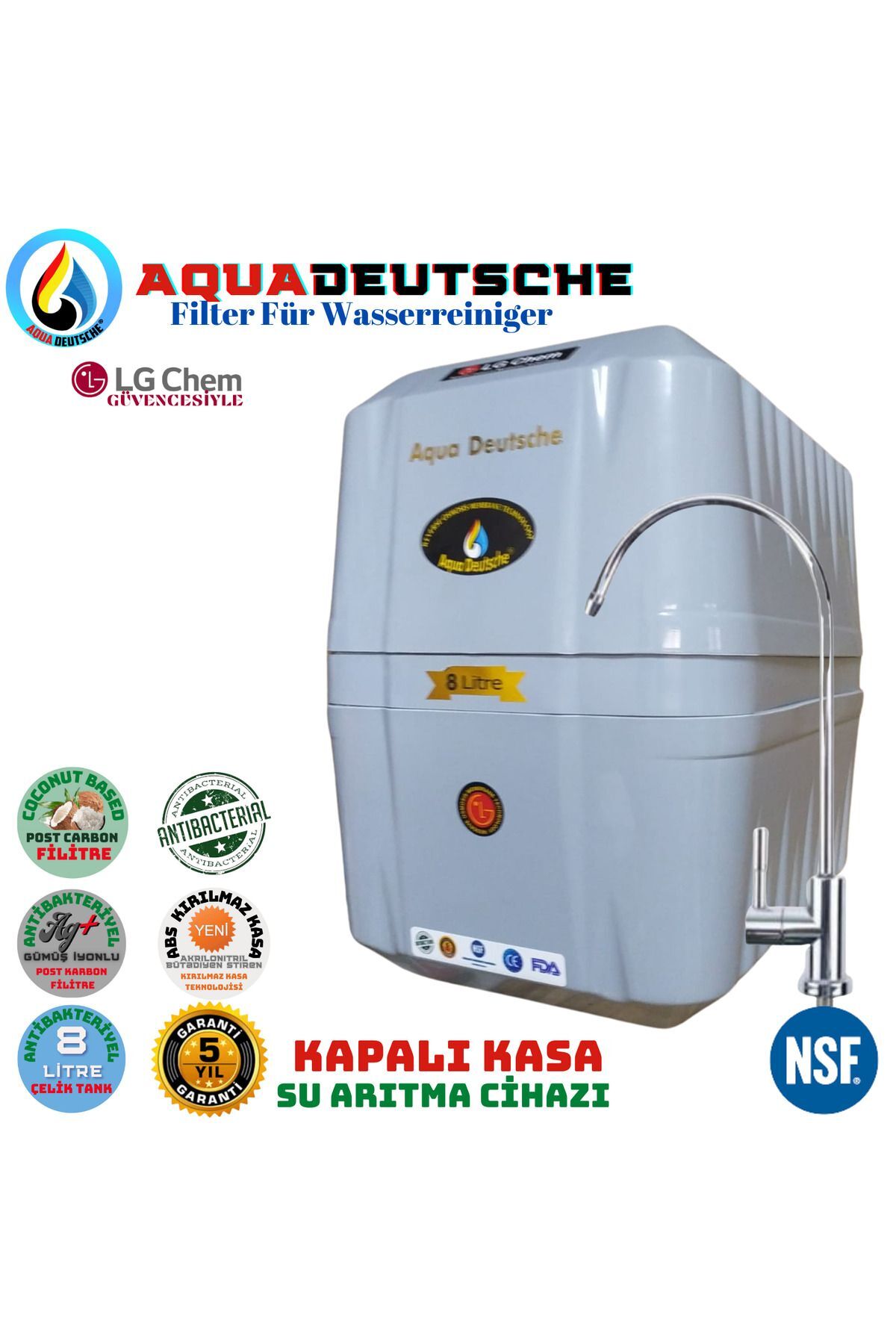 AQUA DEUTSCHE PREMIUM GRİ BEYAZ 8 LT POMPALI GÜMÜŞ İYON TATLANDIRICILI SU ARITMA CİHAZI