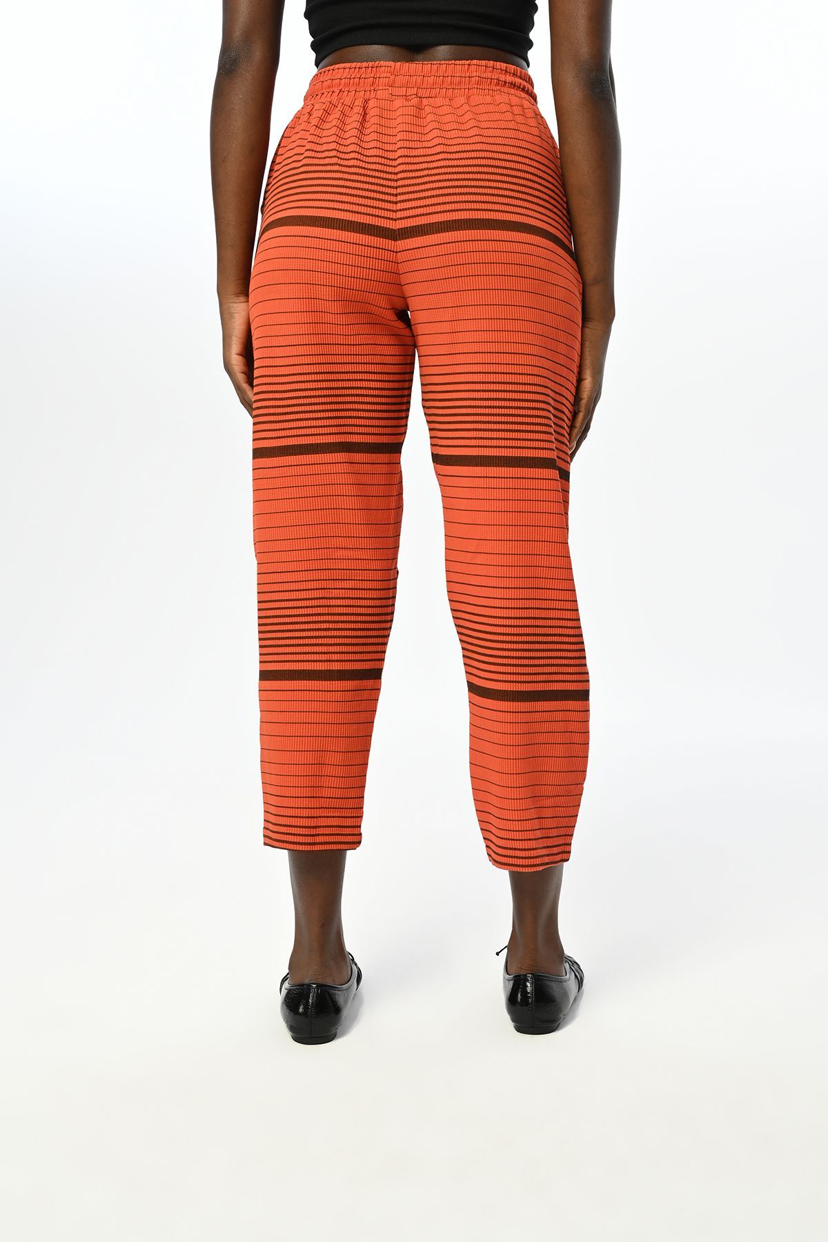Orfeo Negro-Horizontal Line Patterned Comfortable Trousers with Elastic Waist 4
