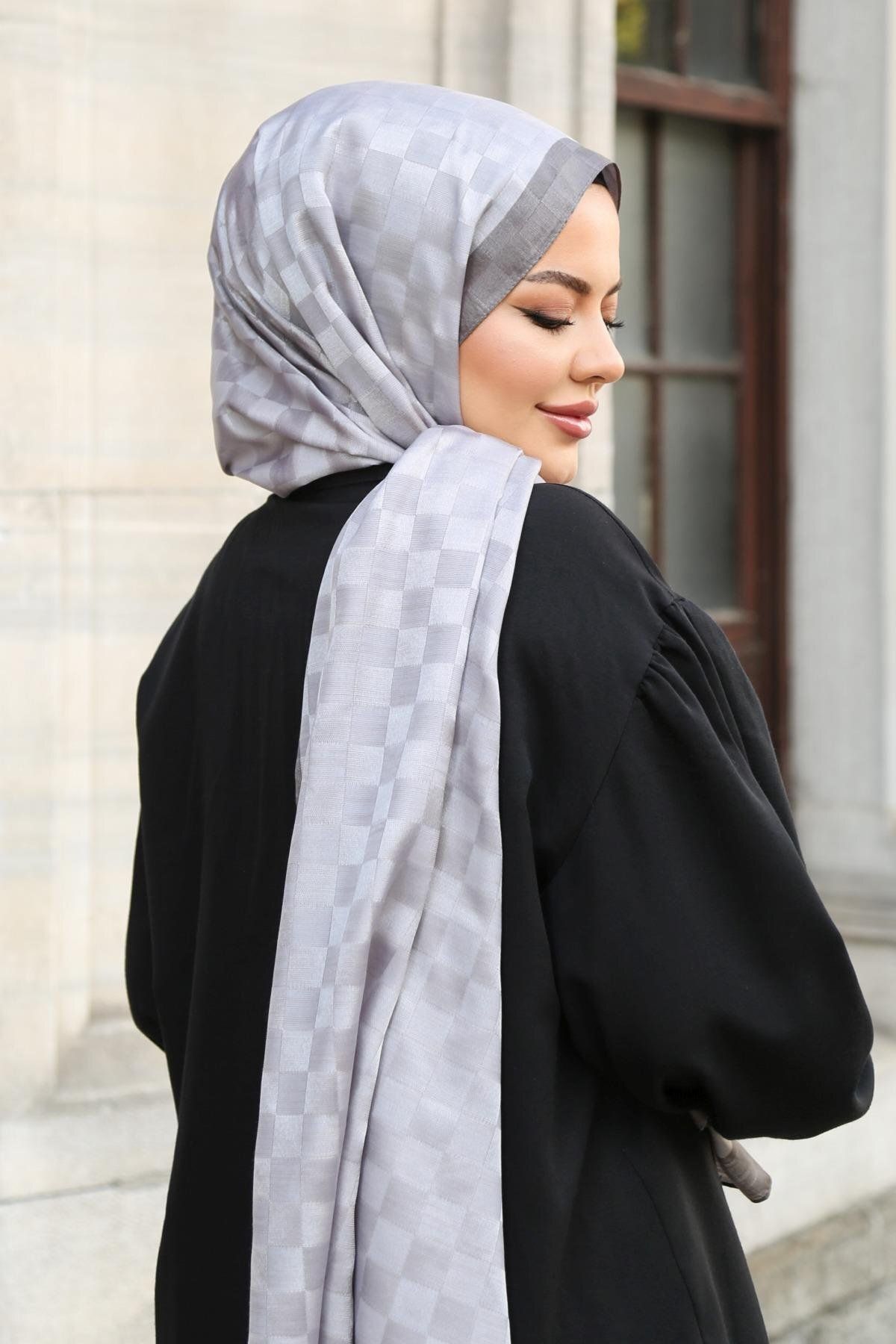 Hint İpek-Checkerboard Patterned Monogram Shawl Monov03-43 4