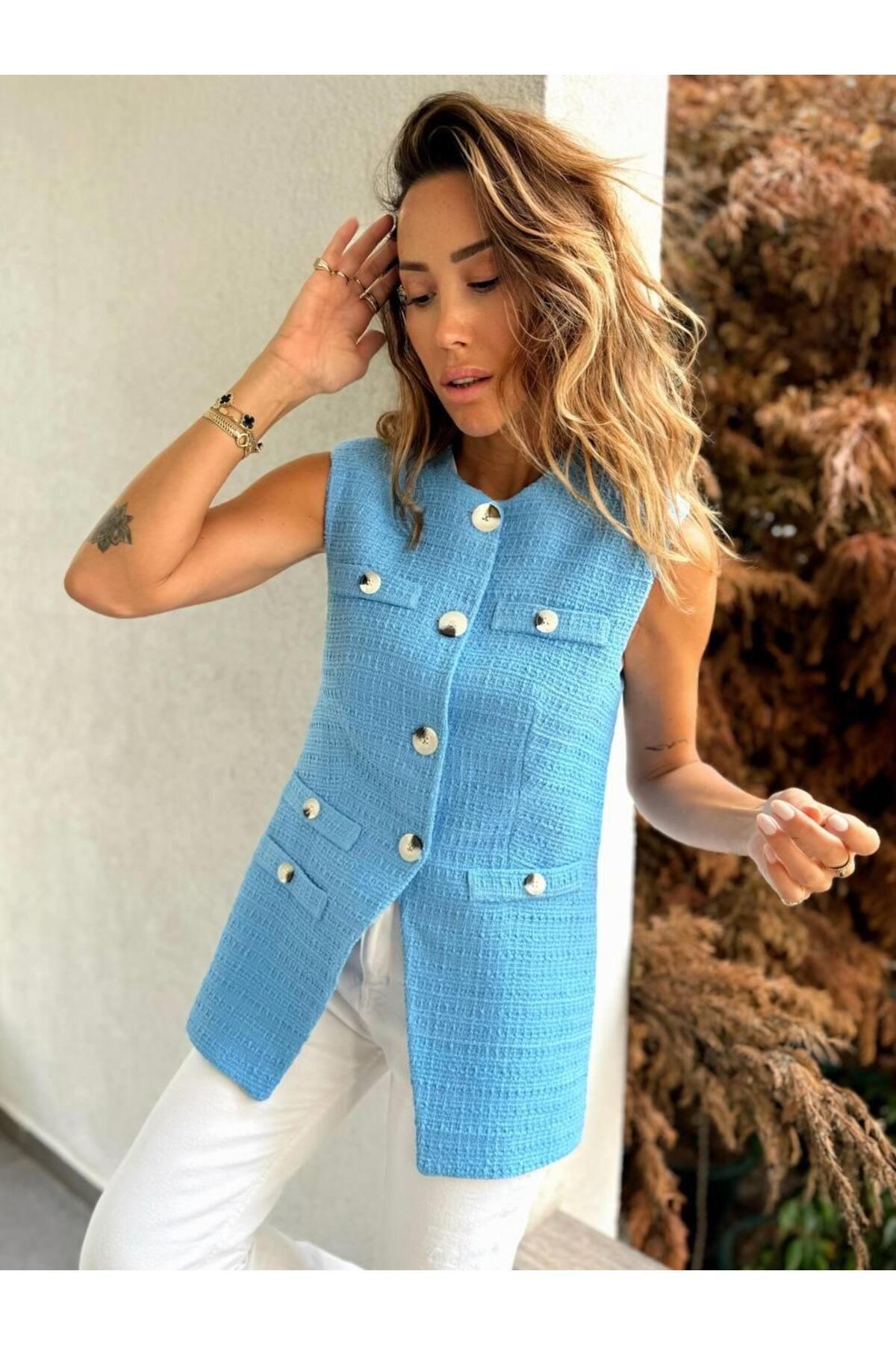 Maldia Shop-Női tweed szövet hosszú, kék szabású mellény 3