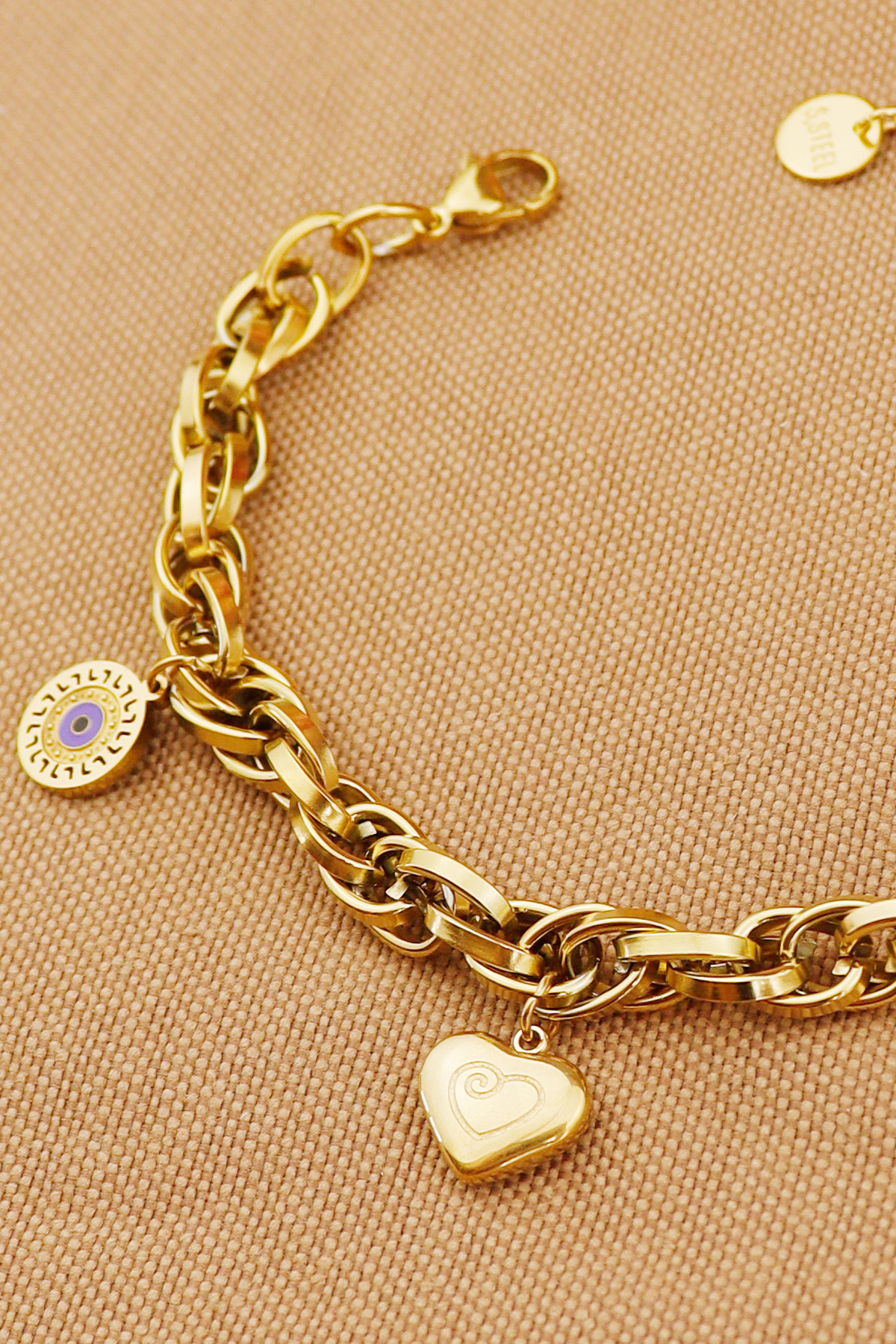 Keyifli Hayaller  İç İçe Sarmal Halka Kilit-Kalp-Nazar Charmlı 316L Çelik Kararmaz Solmaz Çelik Bileklik 18+5 cm - Görsel 3