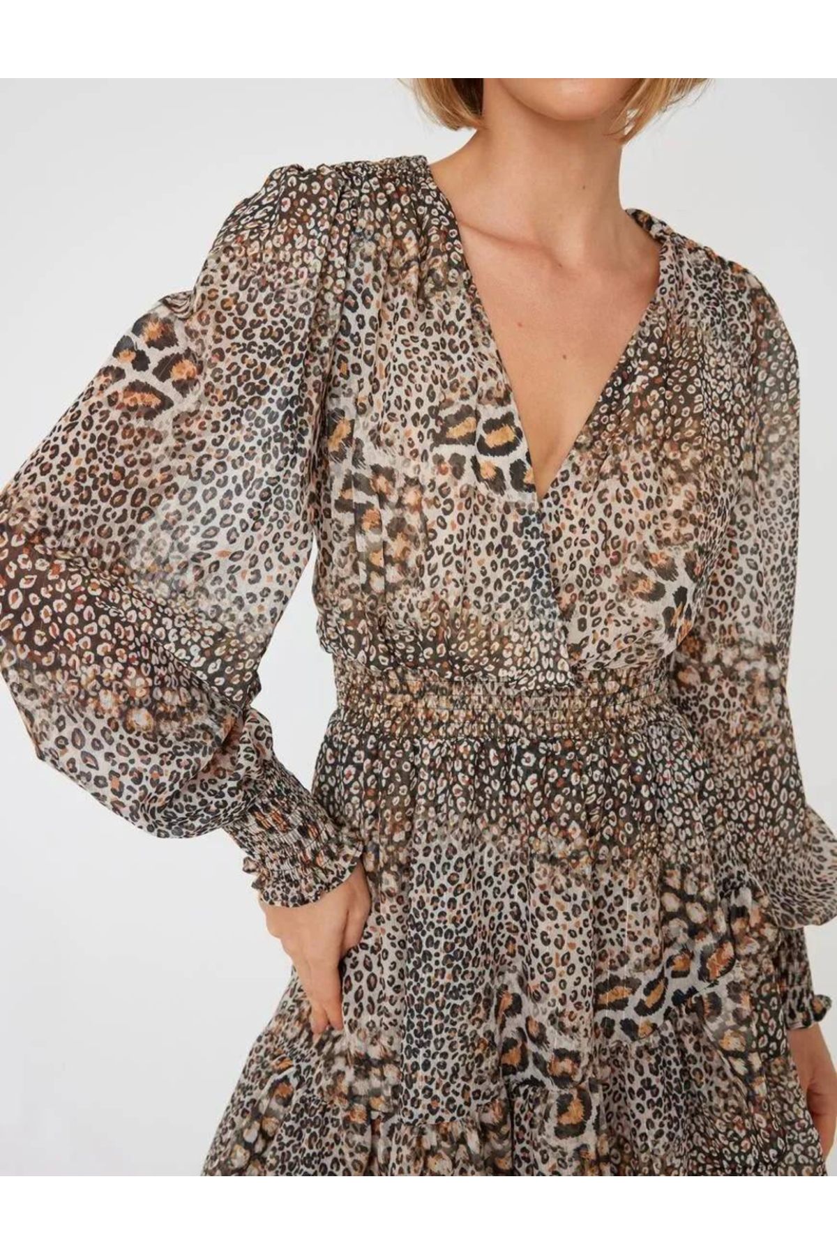 Koton-Leopard Print ChiffonMiniDress - Double Breasted Collar and Balloon Sleeves 5