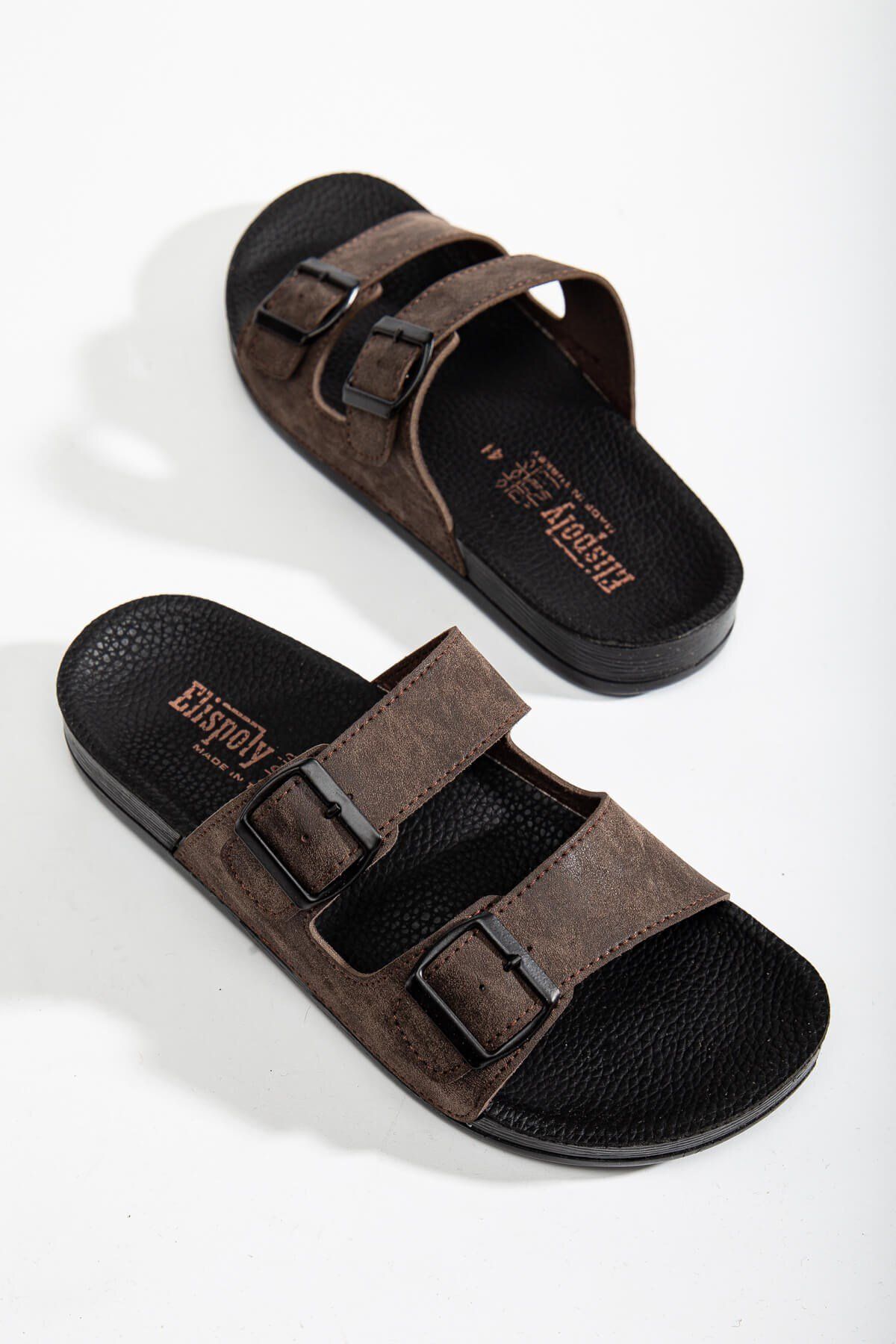 Ccway-Men's 2 Buckle Belted Slippers Brown 2