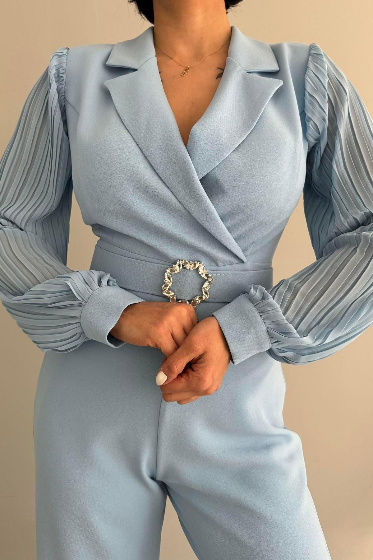 lizge giyim-CHIFFON PILYSE DETAIL JUMPSUIT WITH ARMS 2