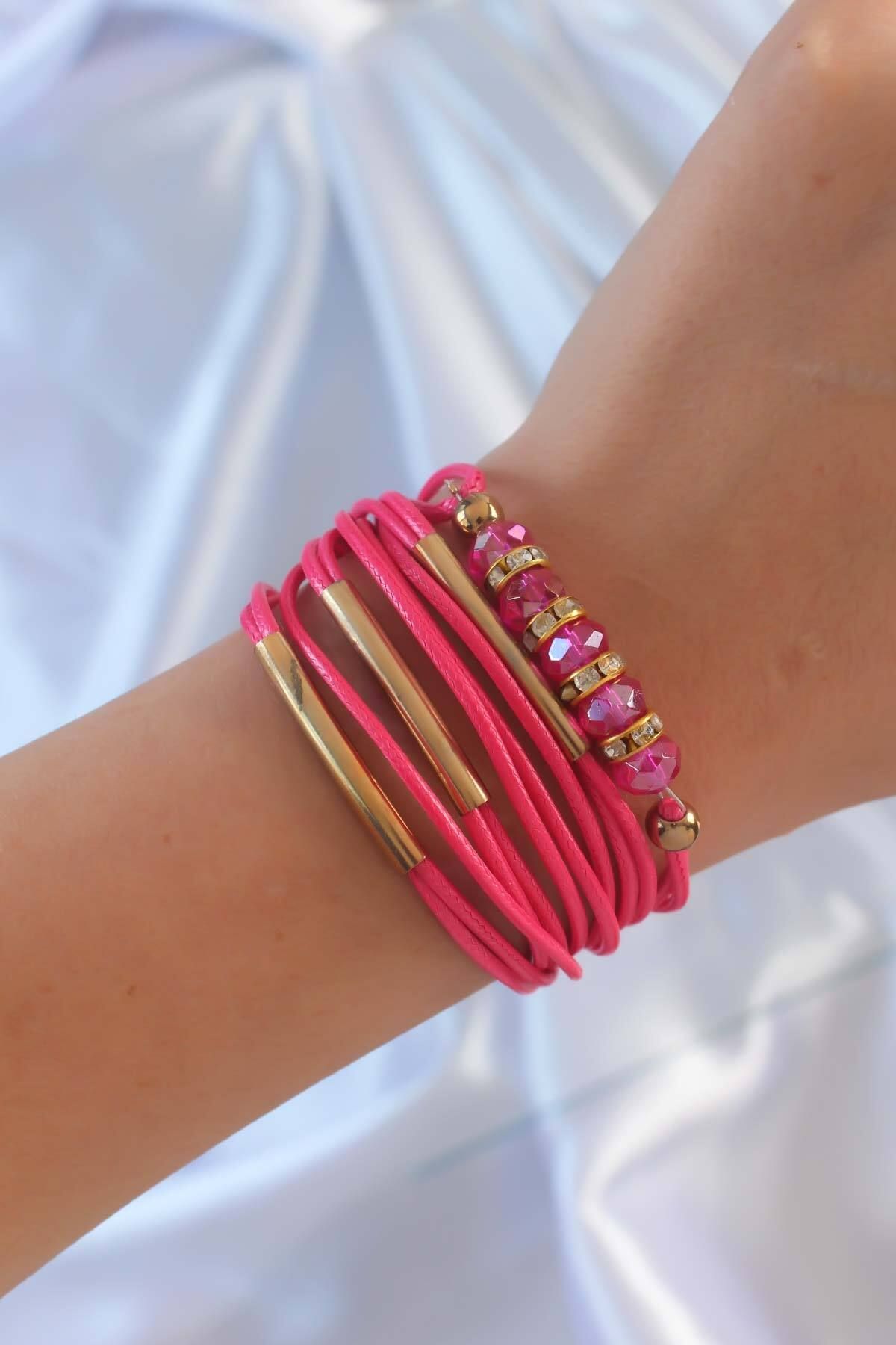 MMB Boutique Pembe Renk Zirkon Taşlı Metal Aksesuarlı İpli Çoklu Bileklik