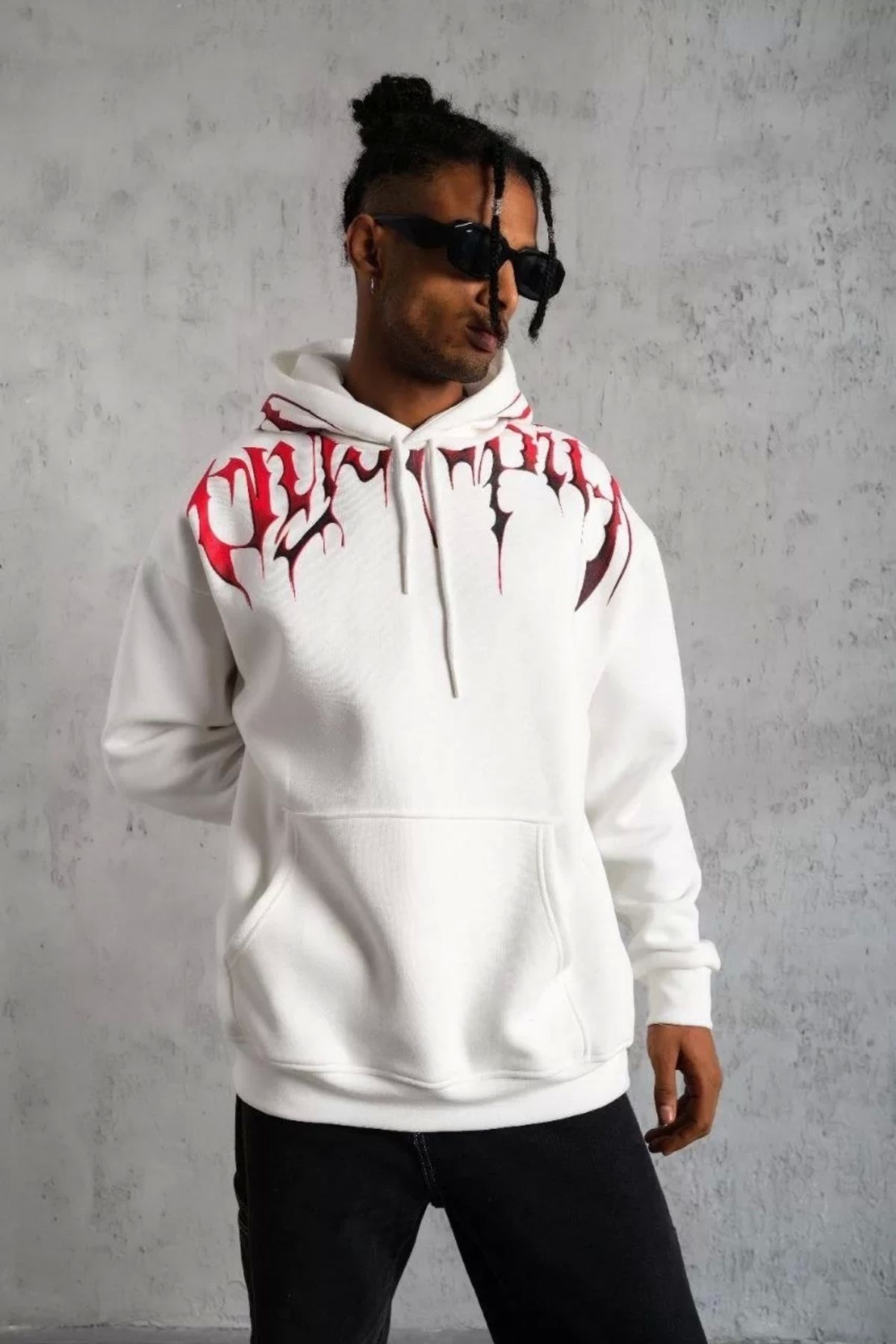 CVS Erkek Ön ve Arka Baskılı Kapüşonlu 3 İplik Sweatshirt - Beyaz