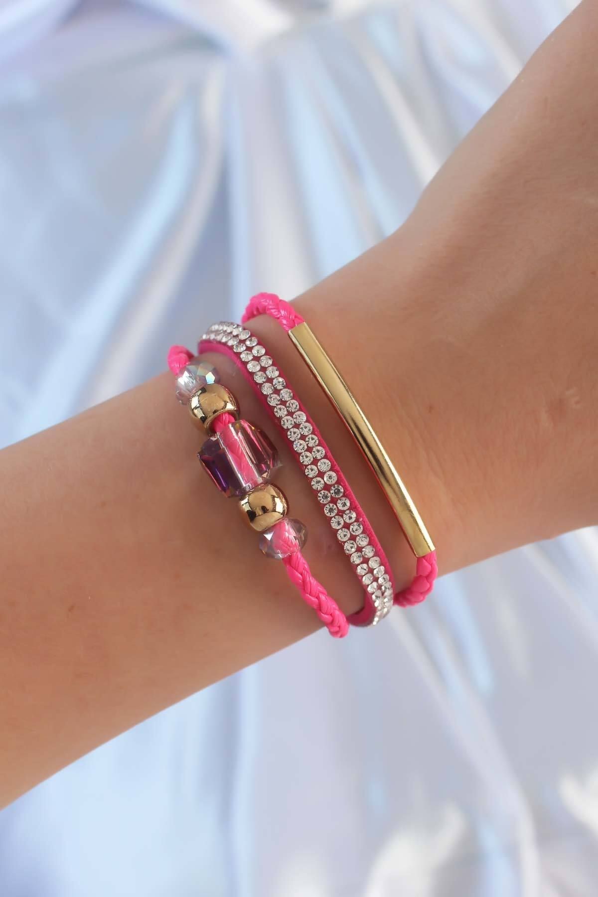 MMB Boutique Pembe Renk Zirkon Taşlı Deri Çoklu Bileklik