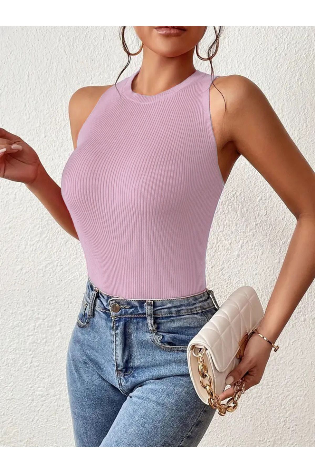 velmorafashion Kadın Kolsuz Sırt çapraz Detay Triko Bluz