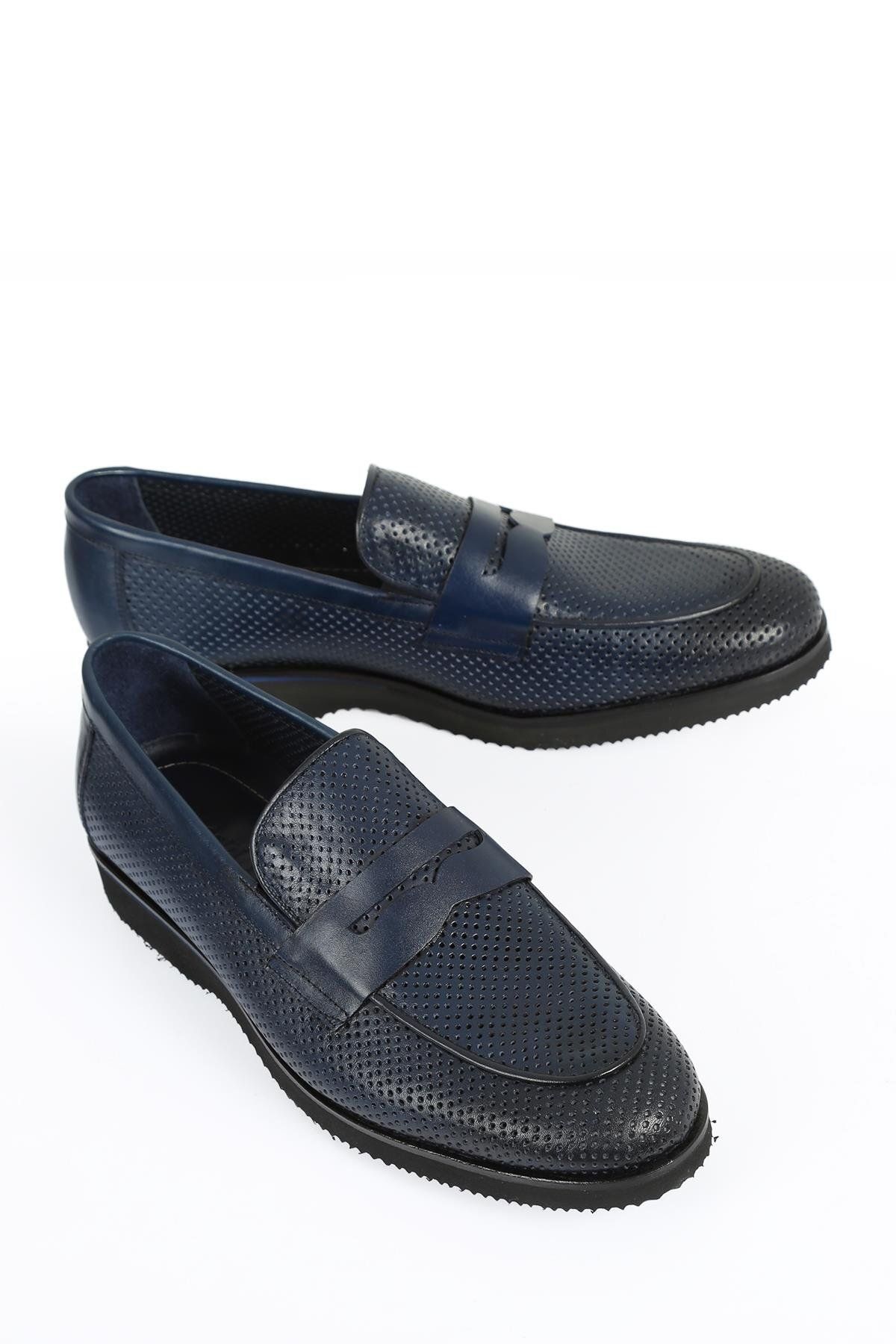 CassidoShoes-Men's Navy Blue Leather Staple Patterned Eva Classic Shoes - 023-653 5