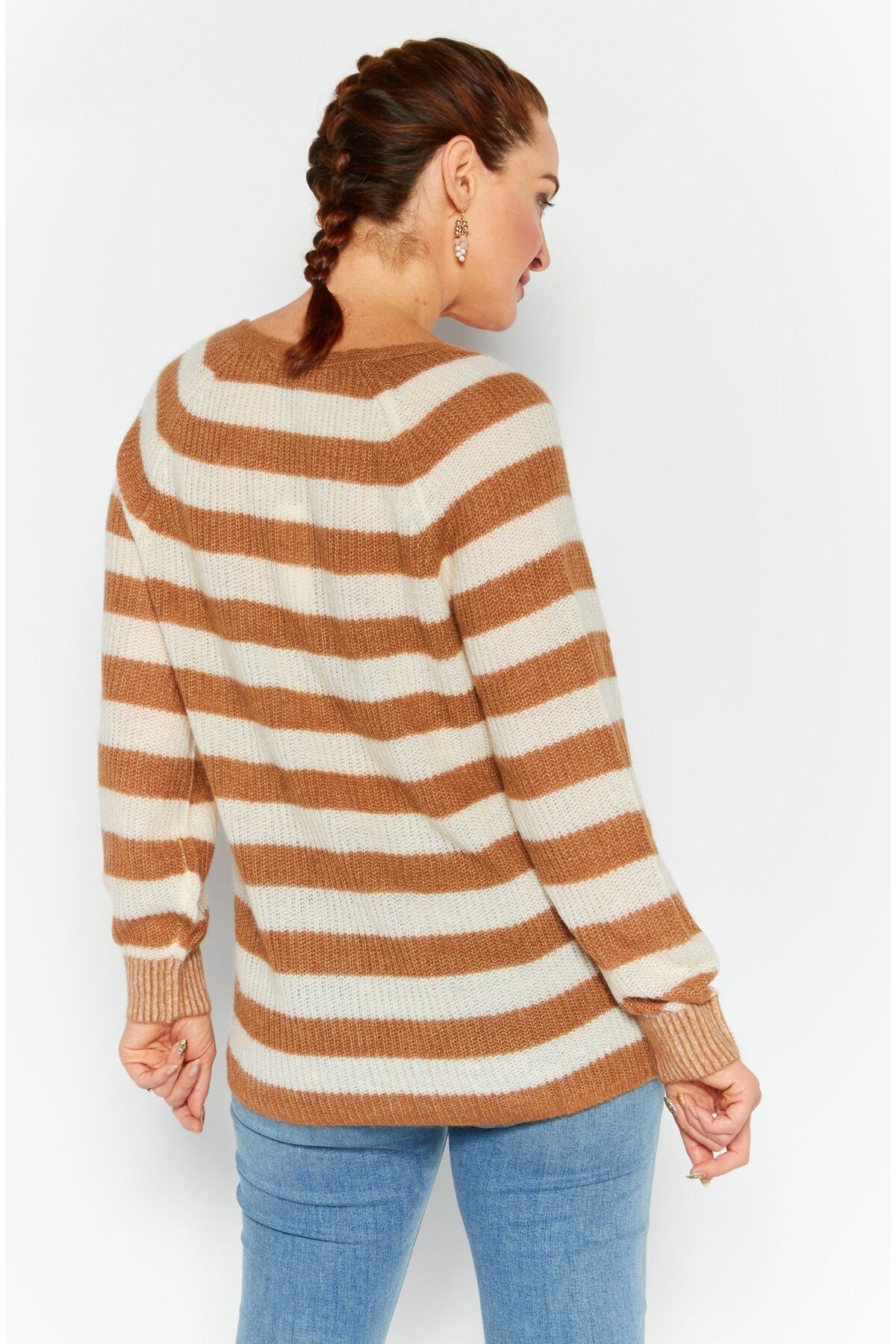 Esprit-Women V Neck Striped Knitted Sweater, Brown 4