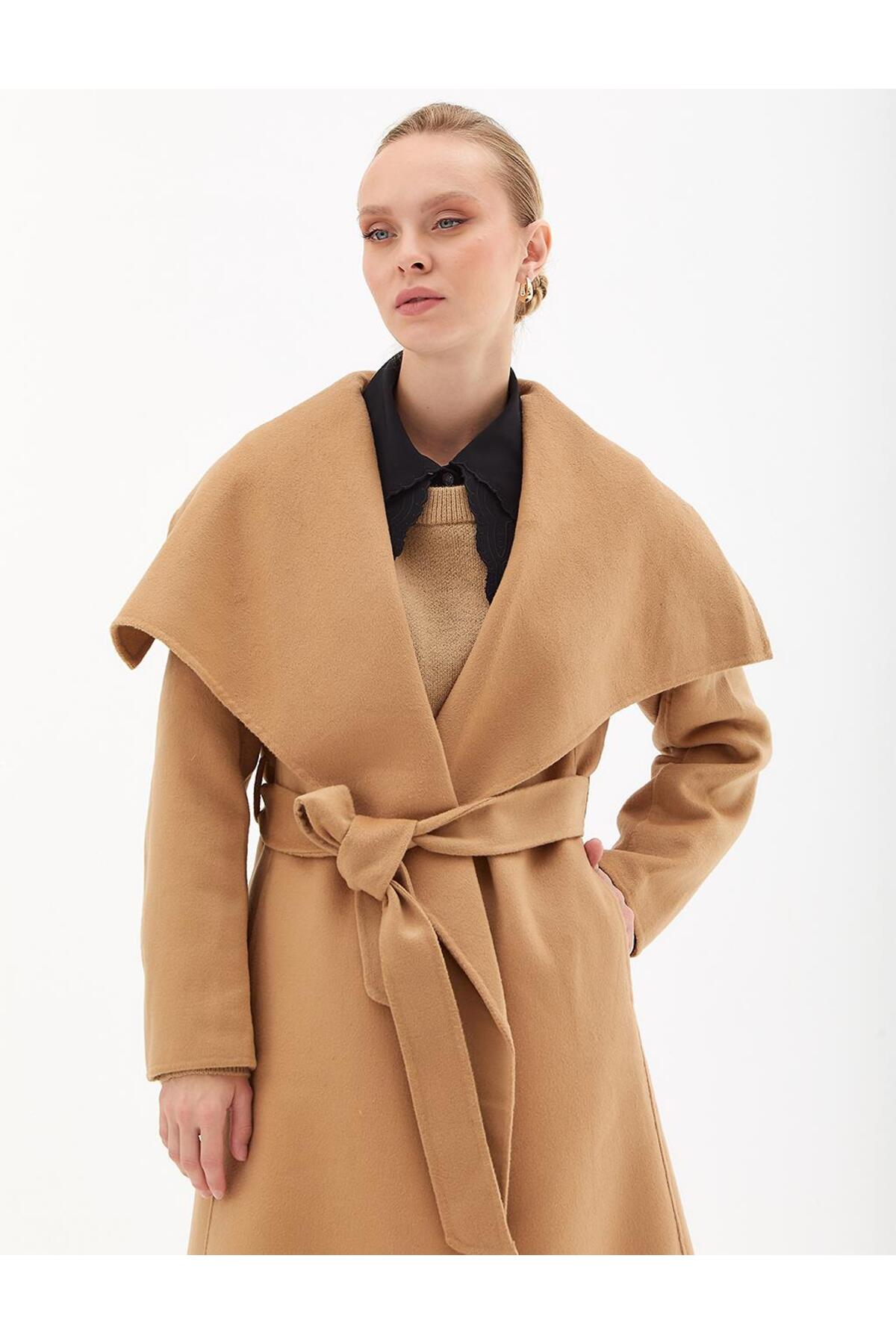 Kayra  Premium Yün Geniş Klapalı Kaşe Kaban Camel - Görsel 3