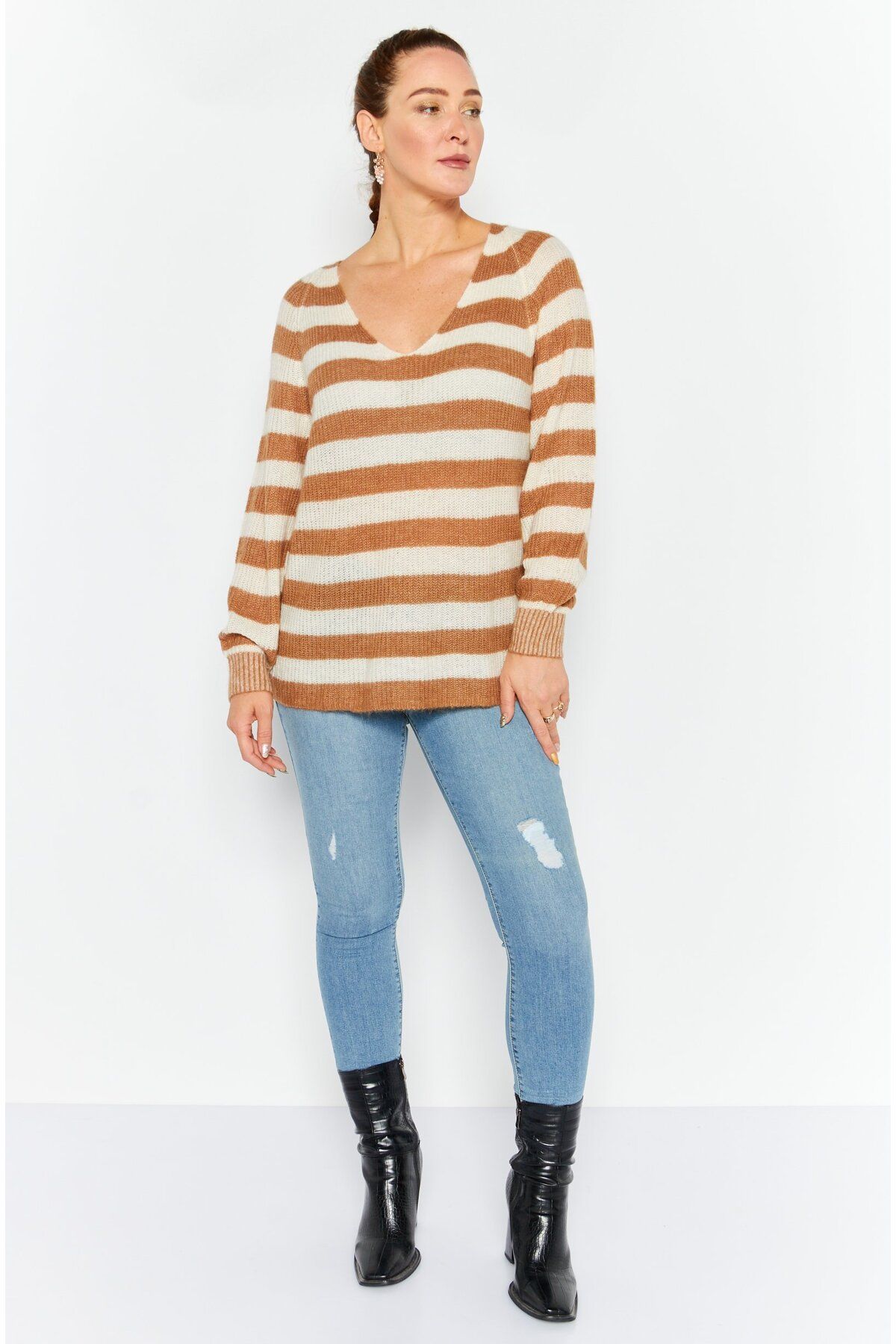 Esprit-Women V Neck Striped Knitted Sweater, Brown 2