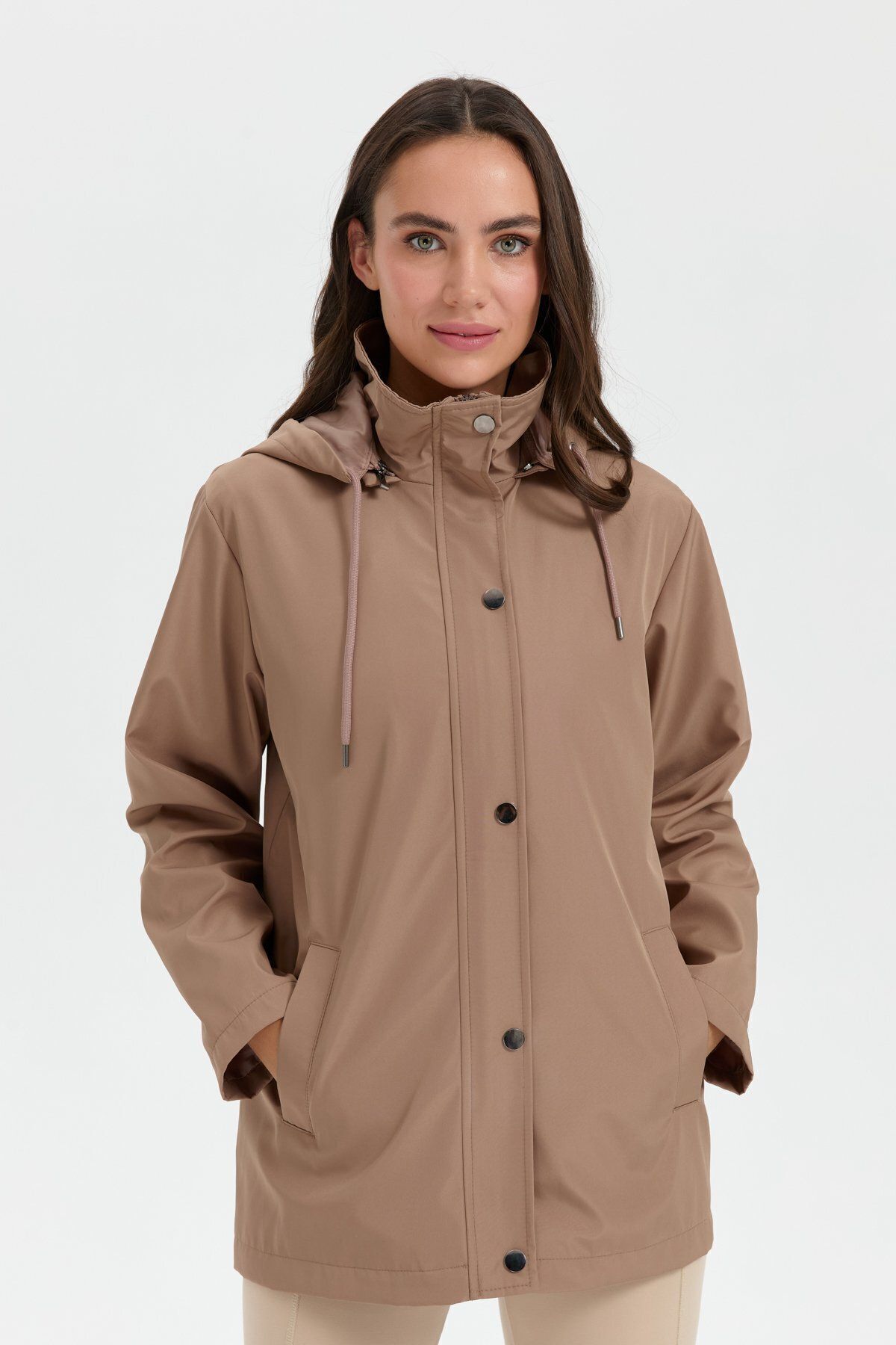 Desen Triko-Trench scurt pentru femei Mink cu glugă - Buzunare laterale 1