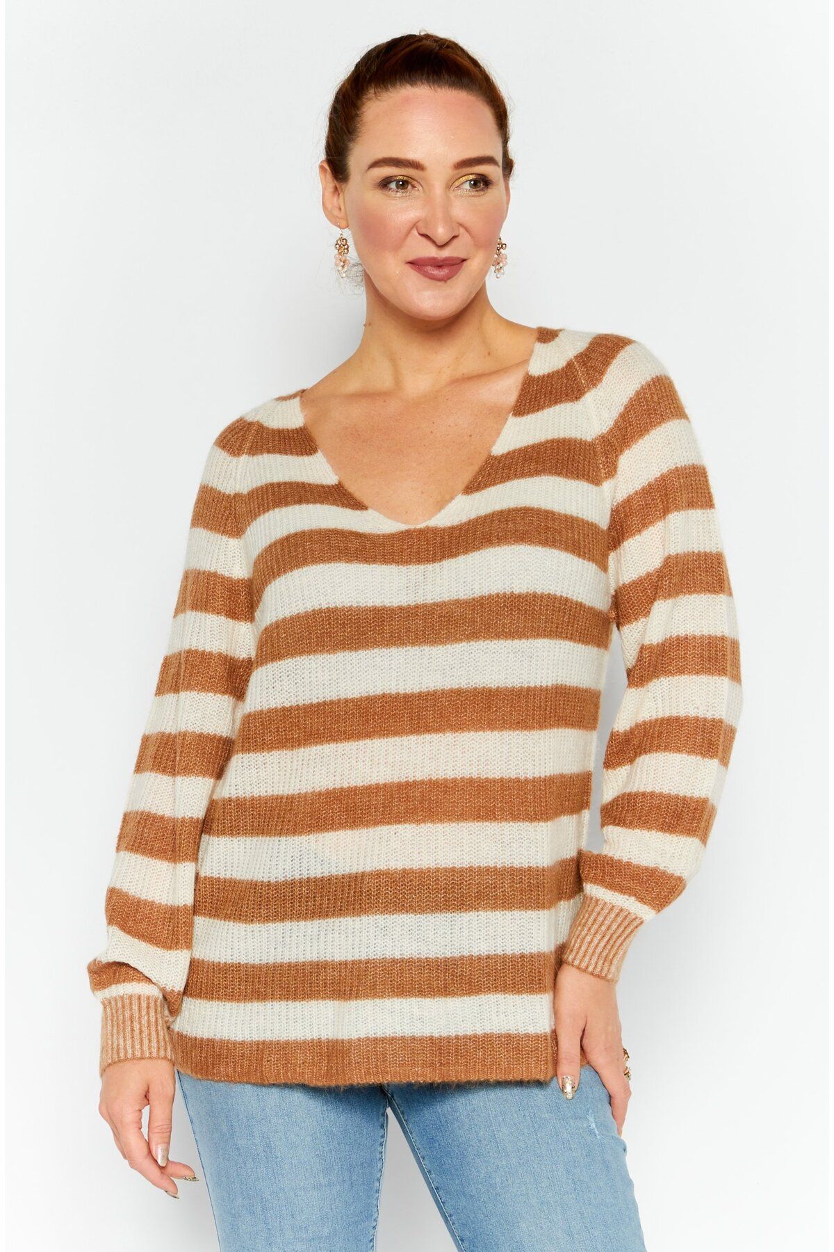 Esprit-Women V Neck Striped Knitted Sweater, Brown 1