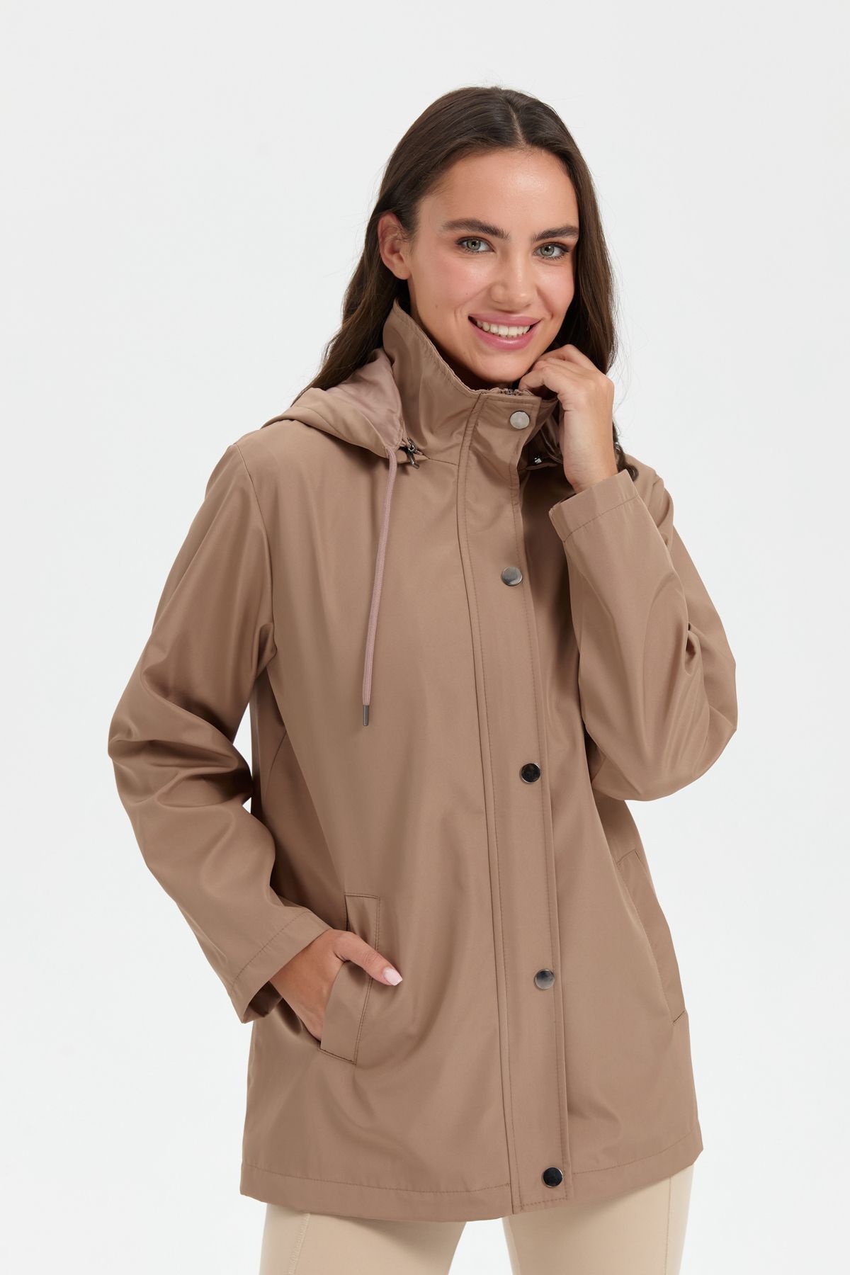 Desen Triko-Trench scurt pentru femei Mink cu glugă - Buzunare laterale 3