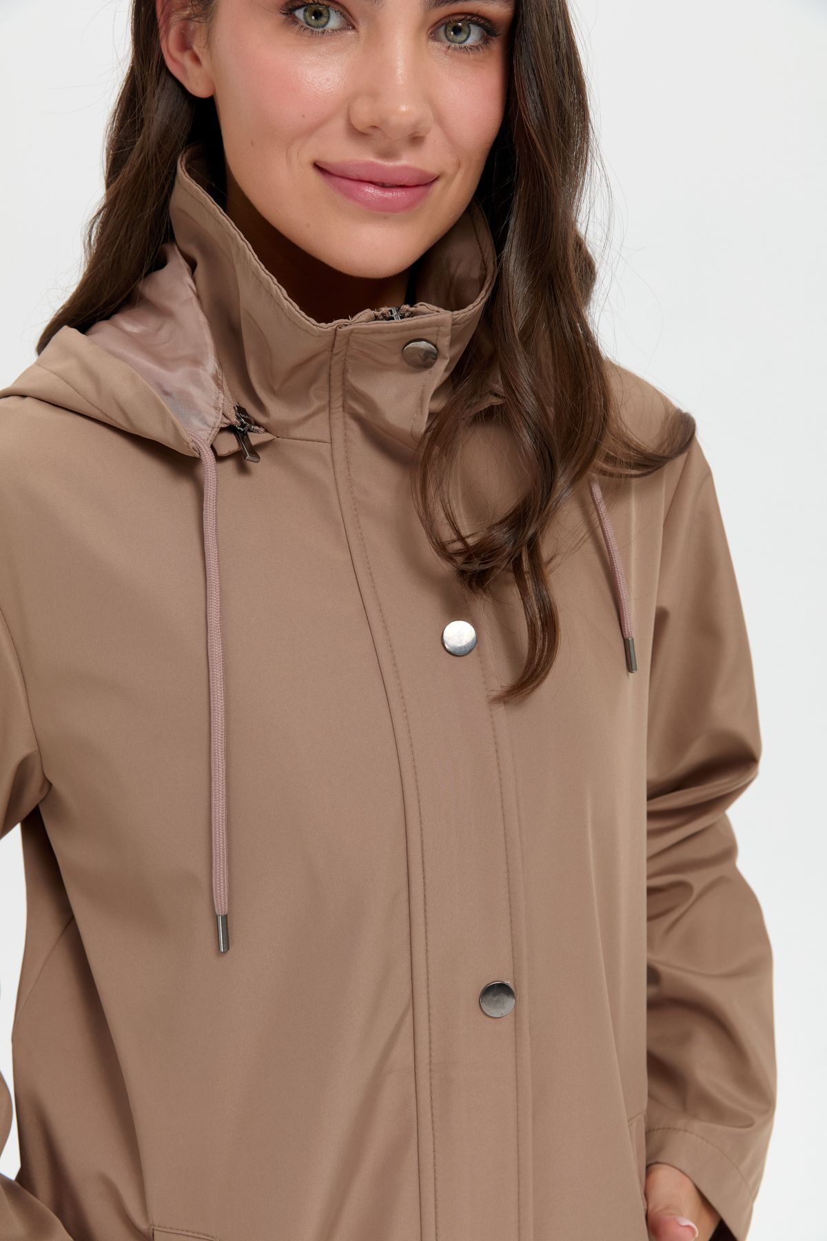 Desen Triko-Trench scurt pentru femei Mink cu glugă - Buzunare laterale 6