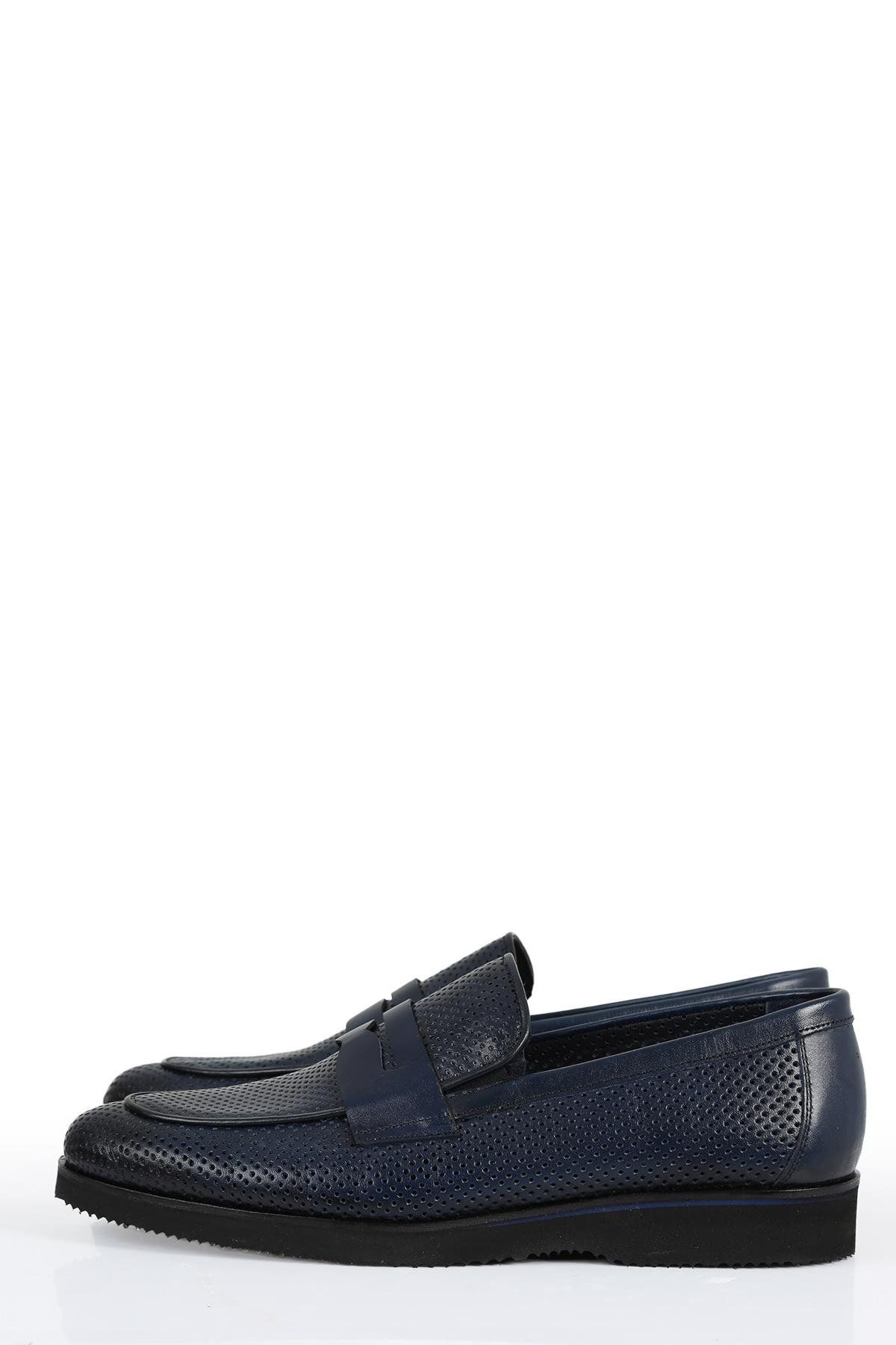 CassidoShoes-Men's Navy Blue Leather Staple Patterned Eva Classic Shoes - 023-653 6