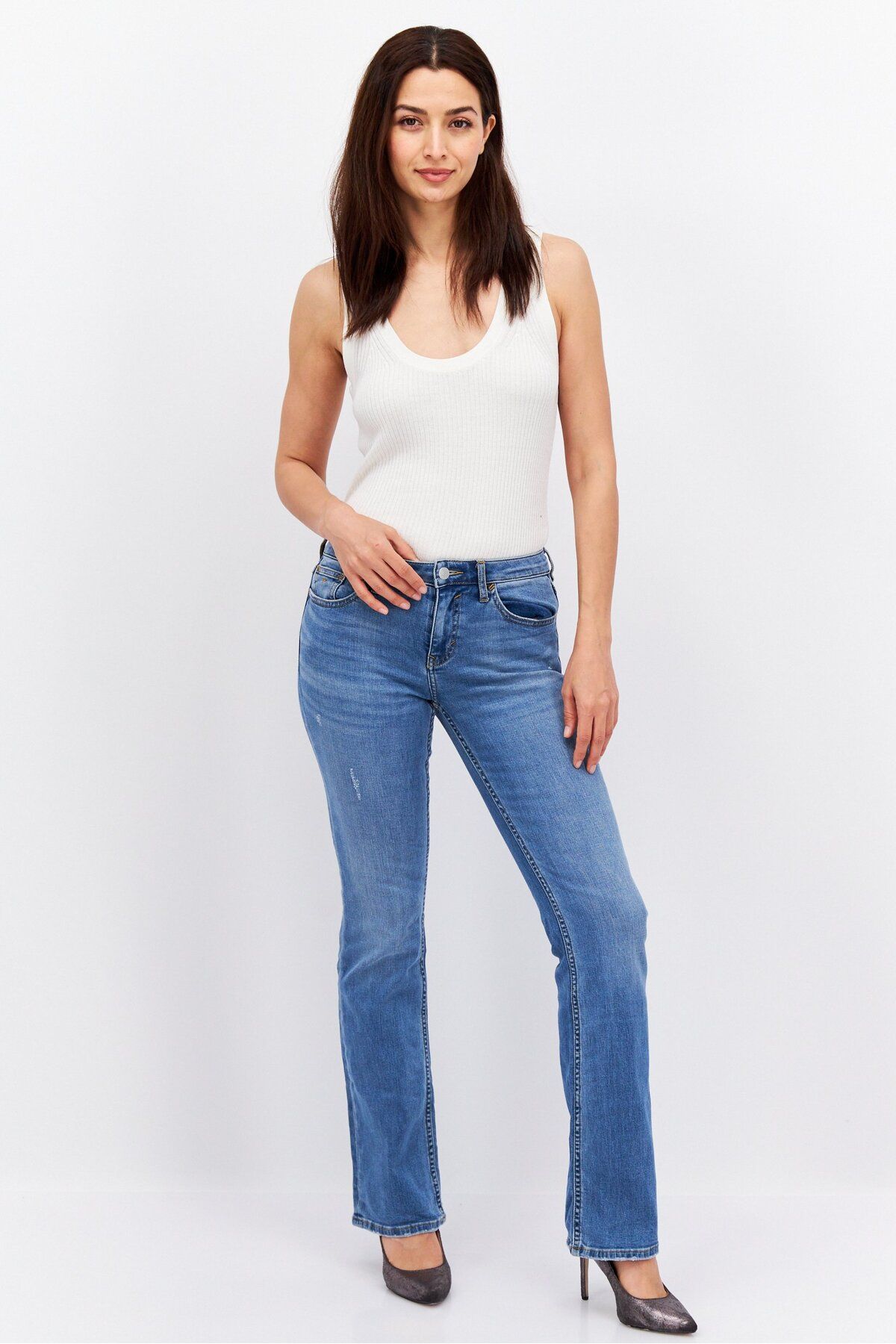 Esprit-Women Bootcut Fit Ripped Stretchable Denim Jean, Washed Blue 4
