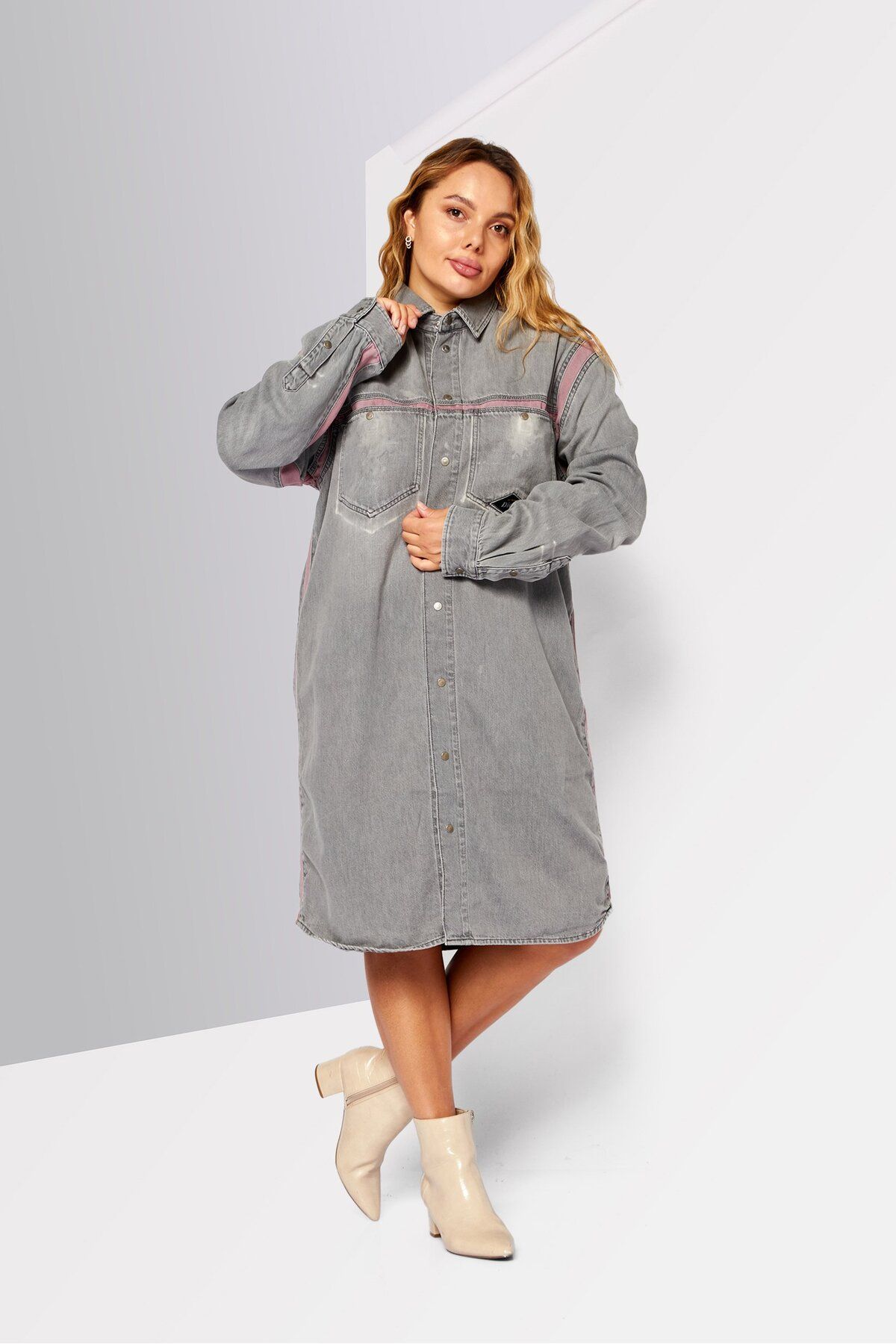 Diesel-Women Textured Denim Shirt Dress, Grey 4