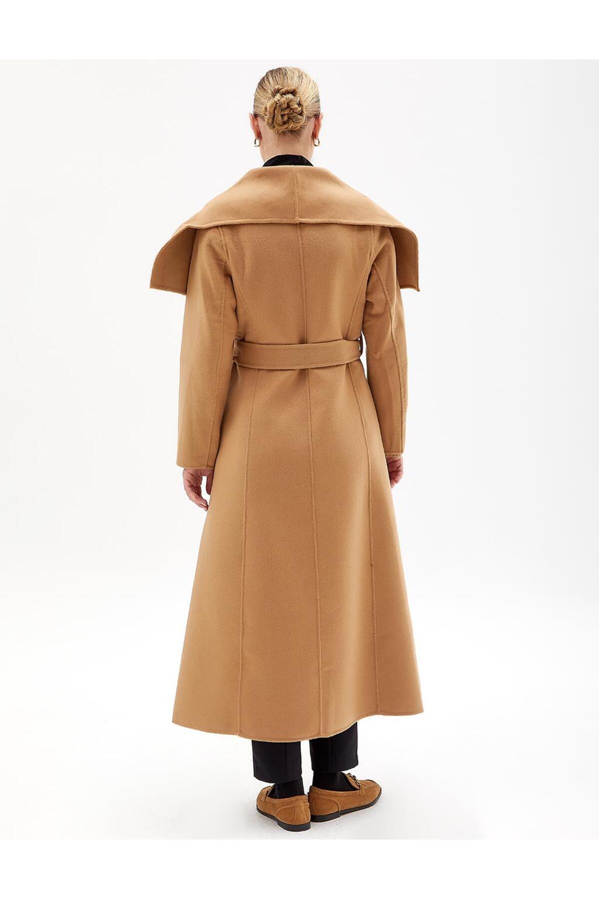Kayra  Premium Yün Geniş Klapalı Kaşe Kaban Camel - Görsel 6