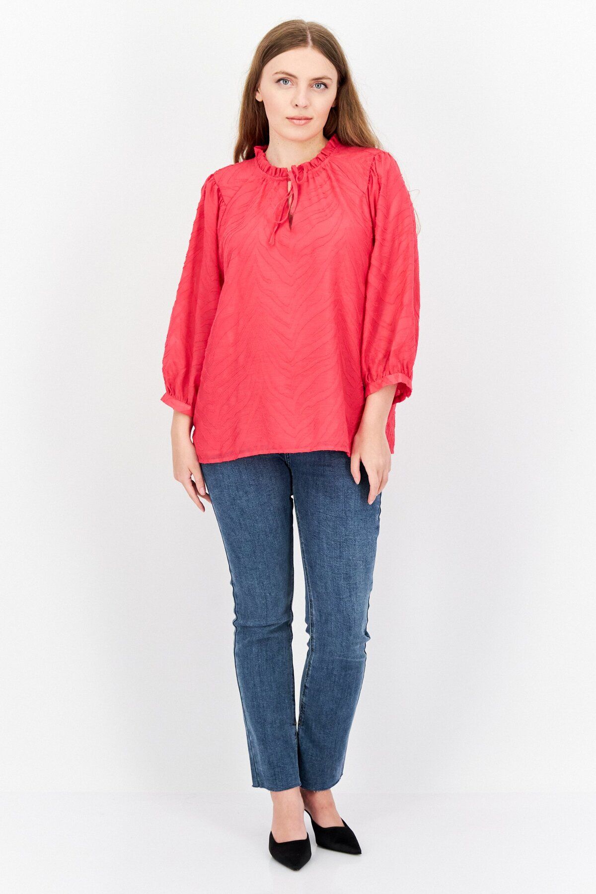 Vince Camuto-Women Tie Neckline 3/4 Sleeves Textured Top, Dark Pink 4