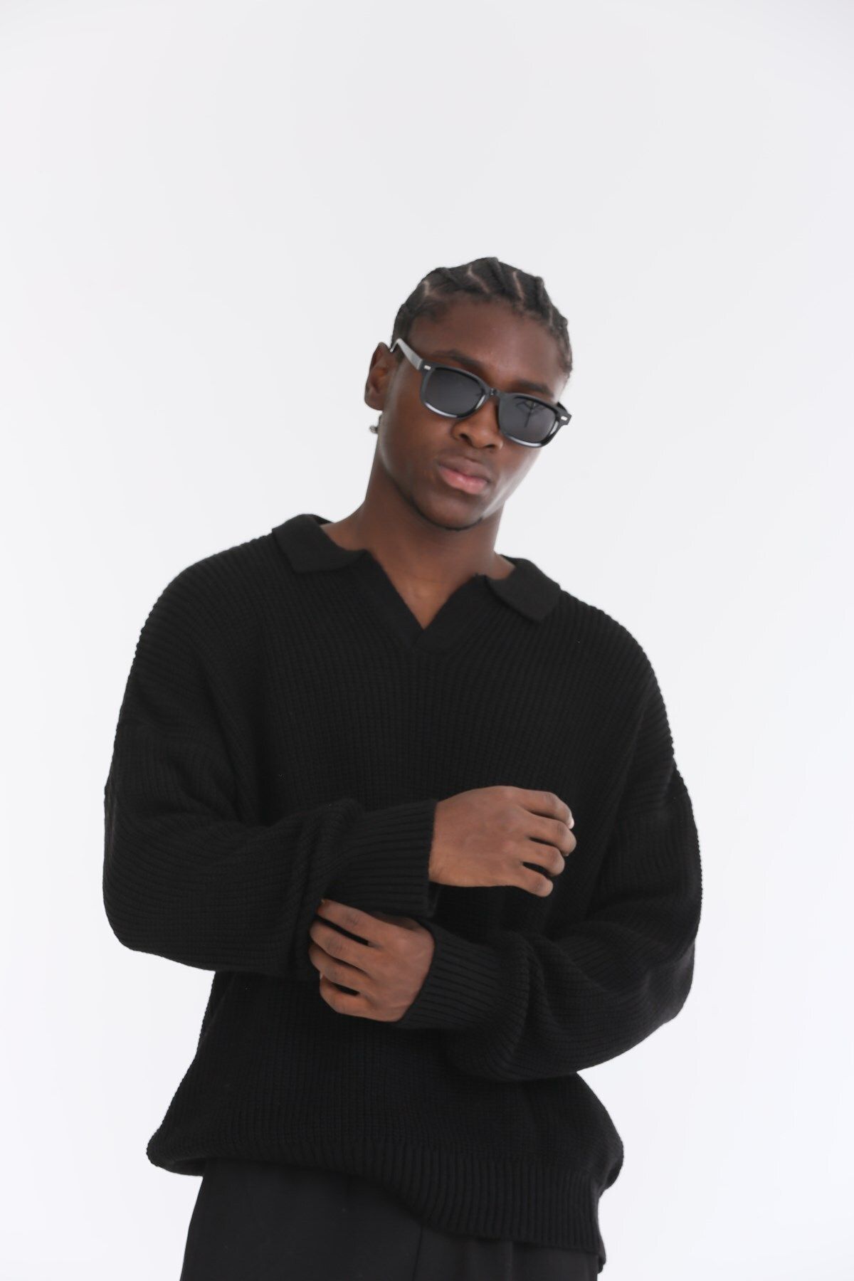 The Champ Clothing-Polo Neck Knitted Knitwear Ribbed Black Oversize Men's Sweater 1