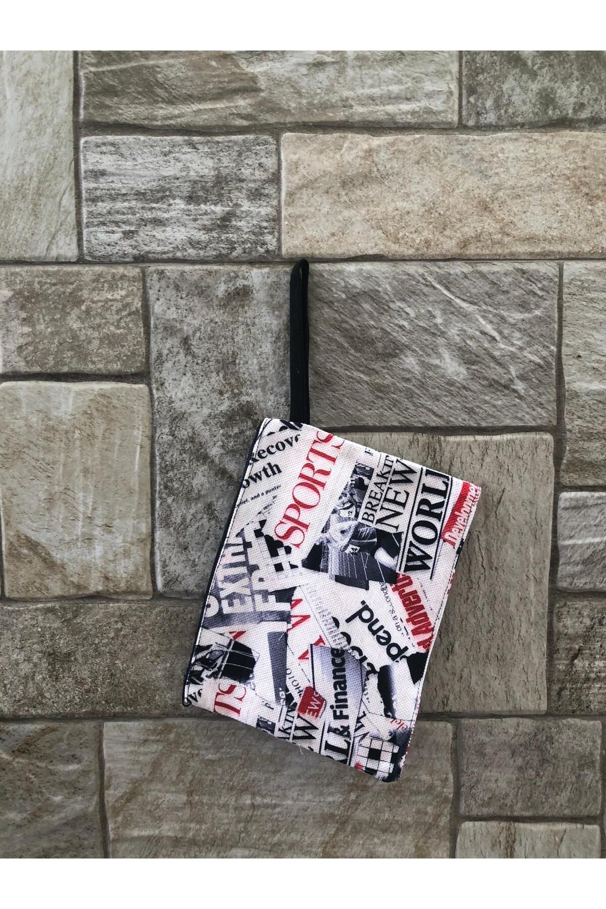 OBİDEV-Newspaper Cuffs Pattern Digital Printing Sleeve Bag-With Small Wallet 3