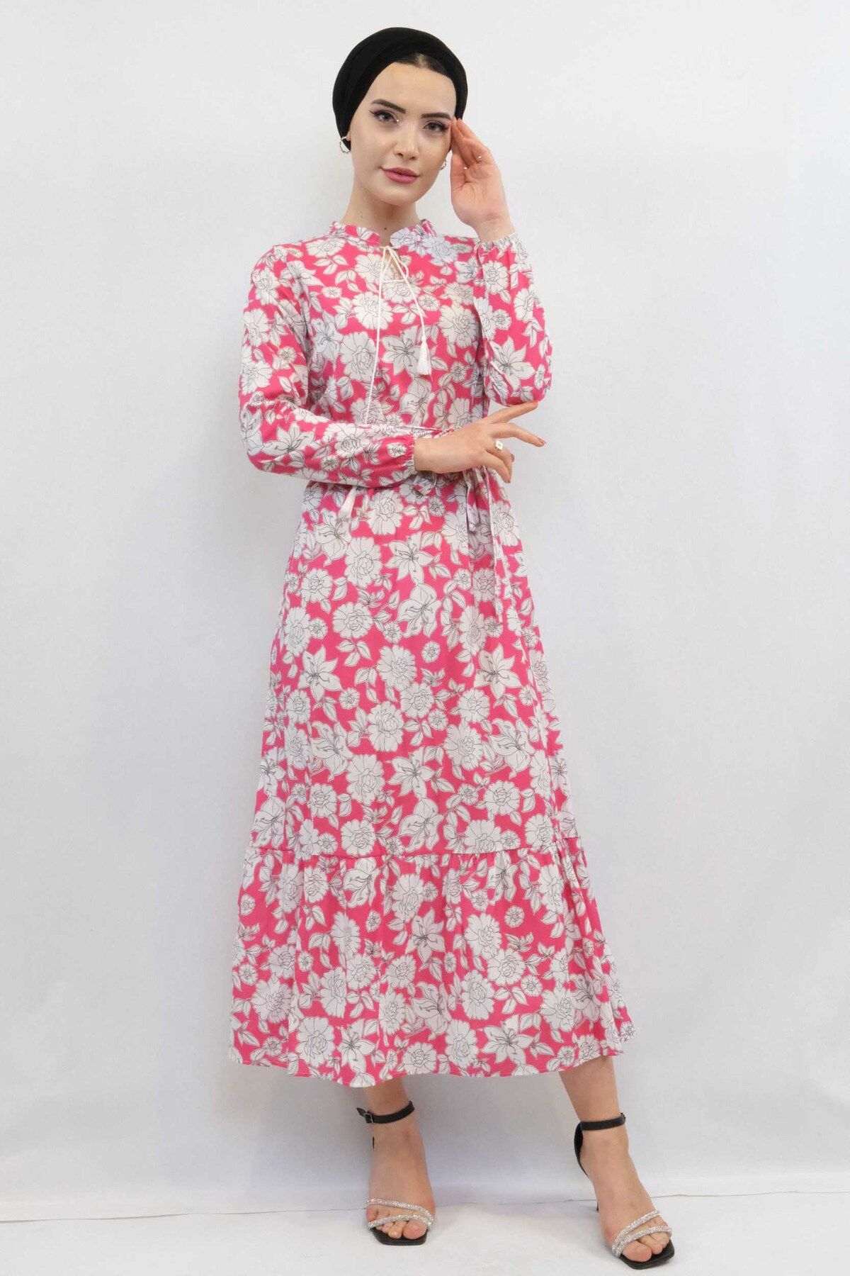 COXO Fashion`S Moda Çizgi Floral Pattern Pleated Dress Fuchsia