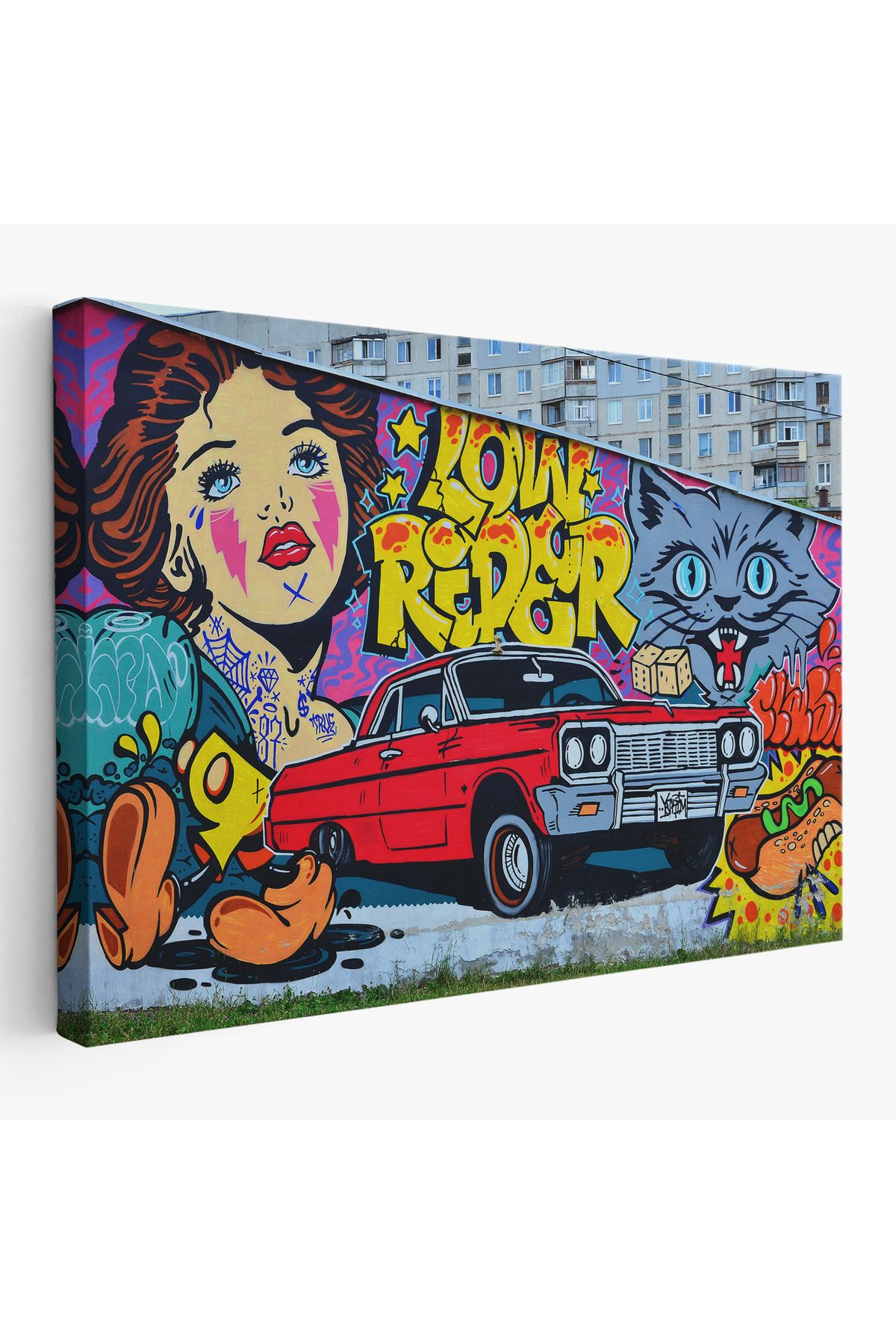 Atik Tasarım Grafiti İle Yapilmiş Retro Kırmızı Araba Kanvas Tablo-5027