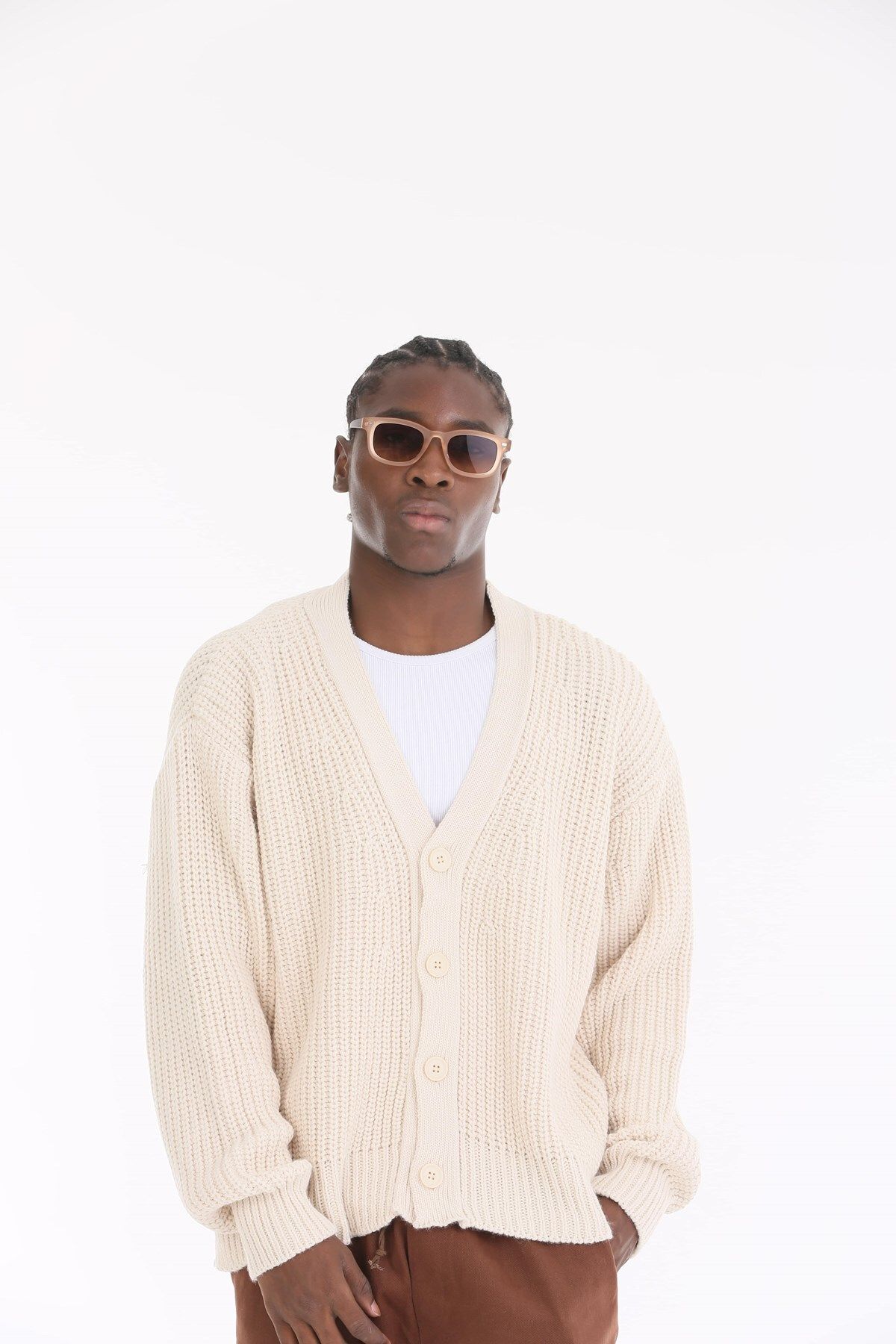 The Champ Clothing-V-Neck Oversize Buttoned Ecru Knitted Knitwear Cardigan 4