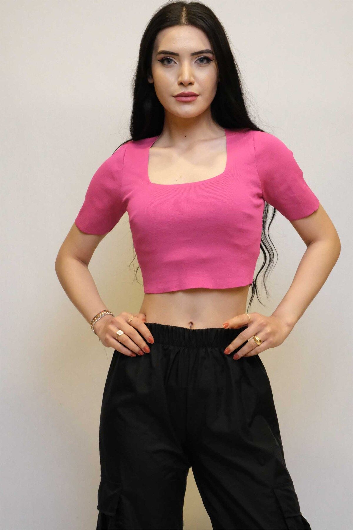 COXO Fashion`S Moda Çizgi Square Collar Knitwear Crop Fuchsia