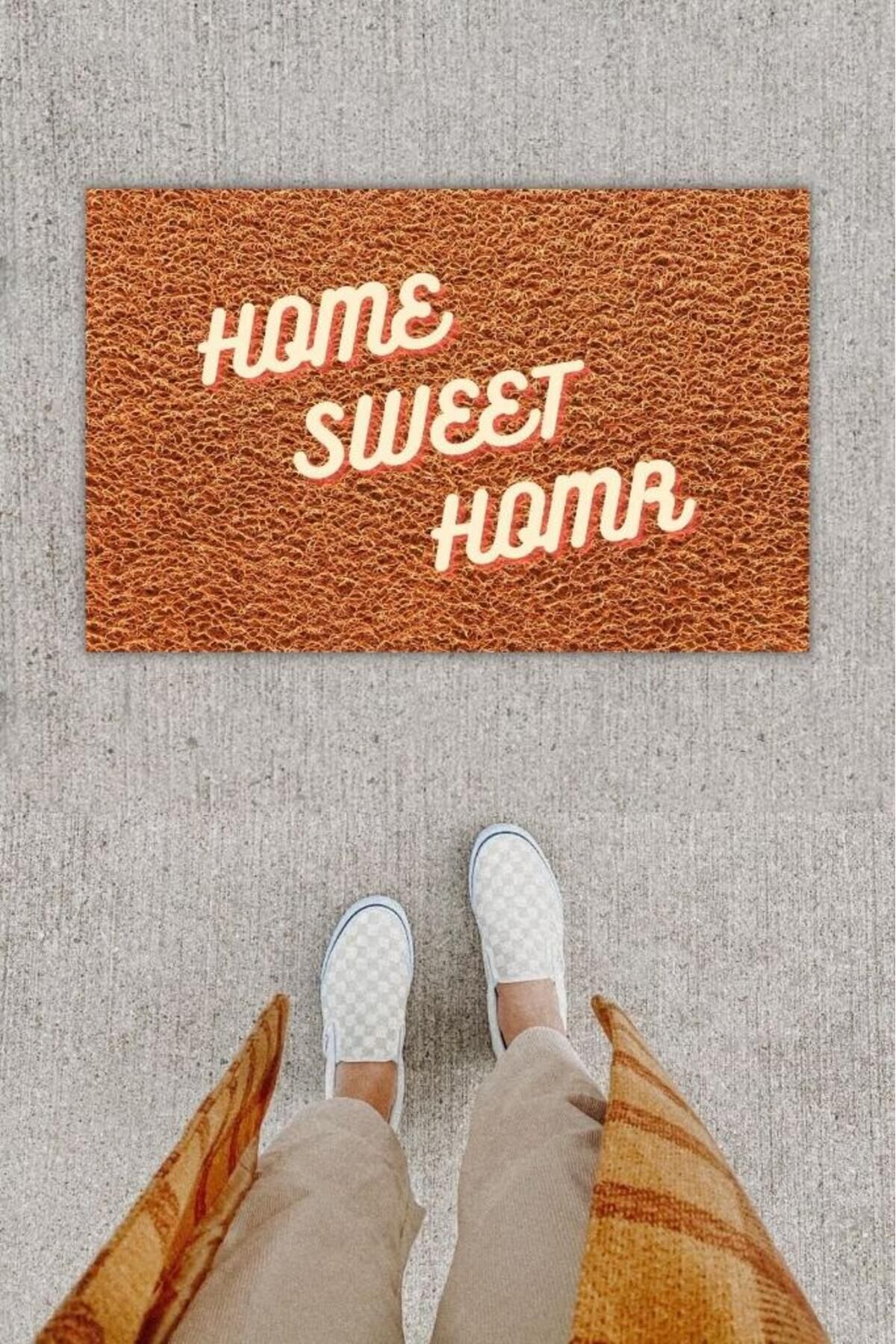 Home Dijital Baskı Dekoratif Home Sweet Home Kahverengi Kapı Önü Paspası K-1236