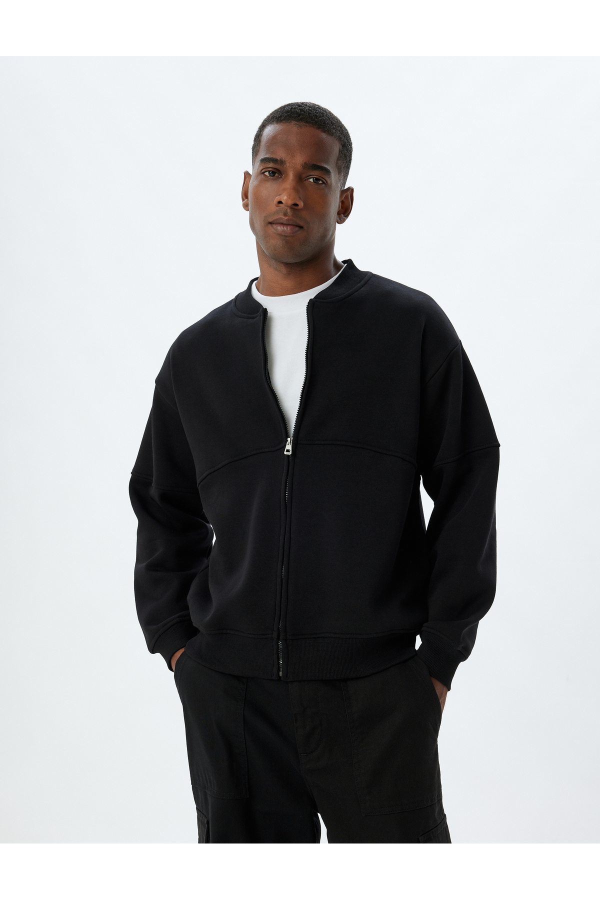 Oversize Hırka Fermuarlı Basic Dikiş Detaylı Şardonlu Pamuk Karışımlı — صورتی 5WAM70162MK — تصویر 3 از 6