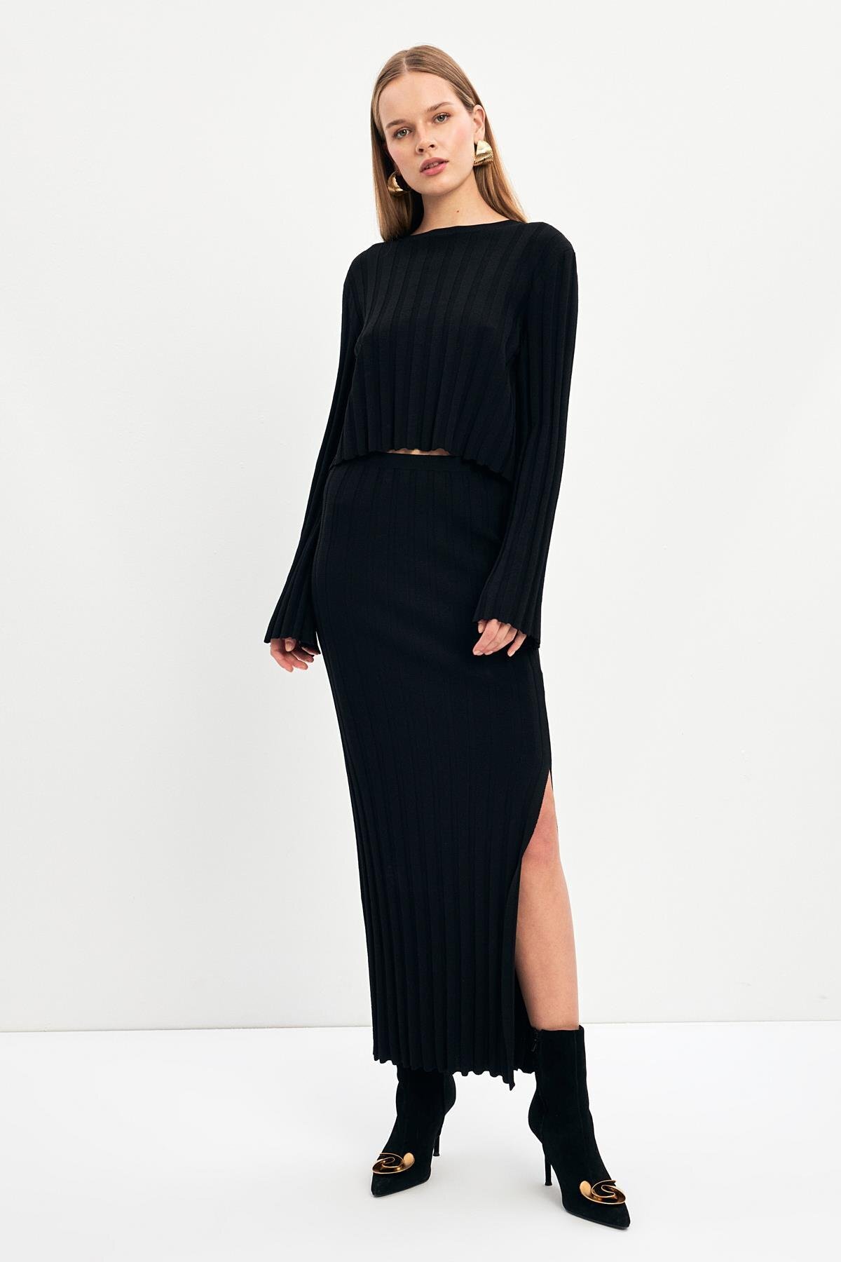 Setre-Black Long Sleeve Relaxed Fit - Crew Neck Blouse and Skirt Knitwear Set 4