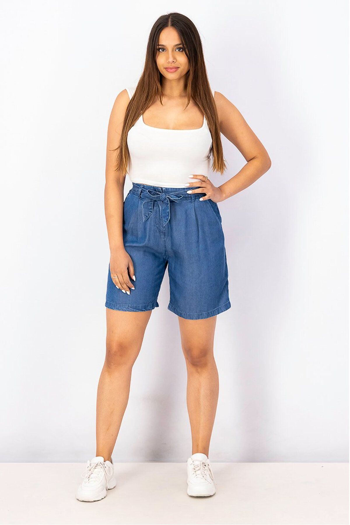 Esprit-Women Plain Belted Denim Shorts, indigo 4