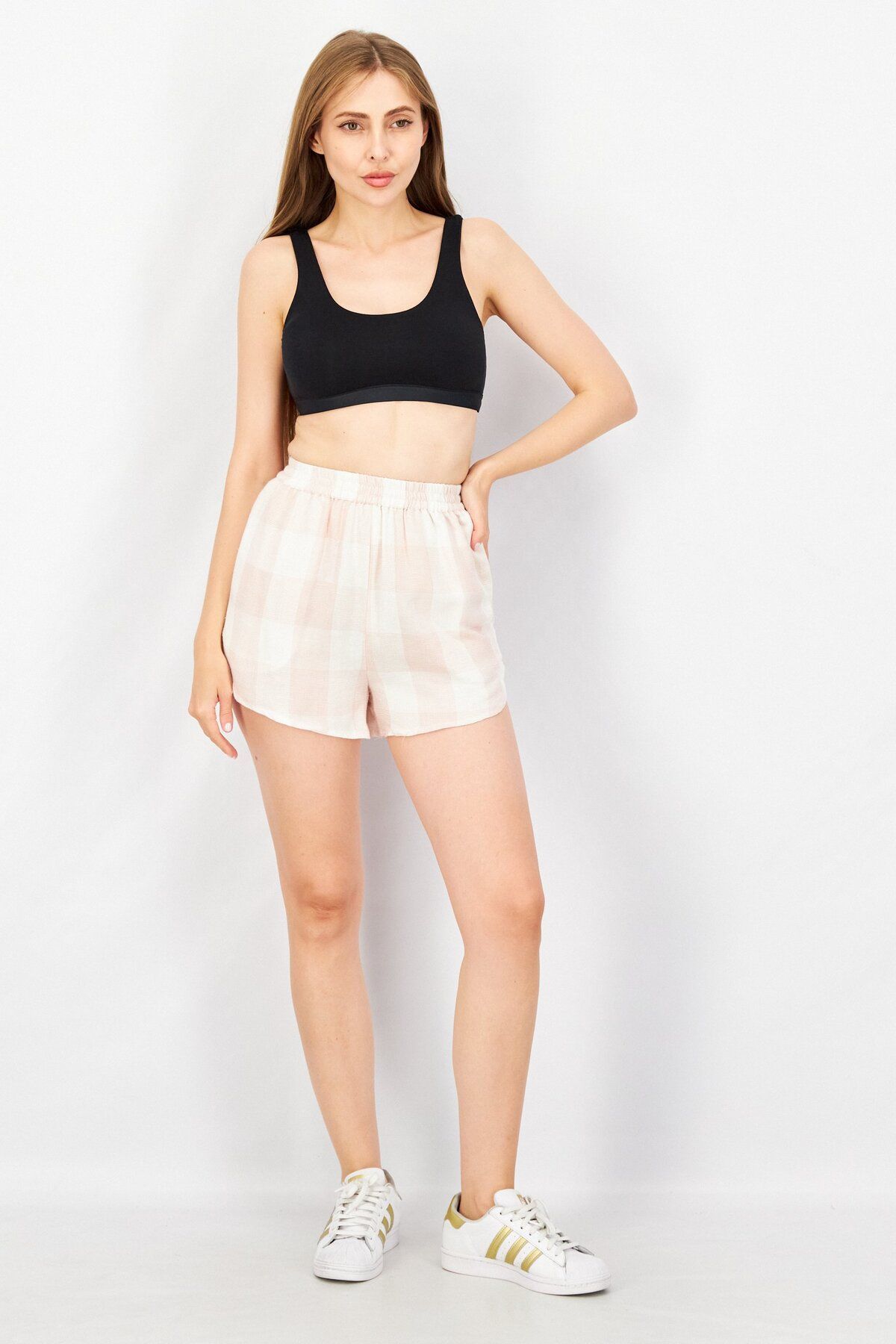 New Look-Women Checkered Pull-On Basic Short, Beige/Mauve 4