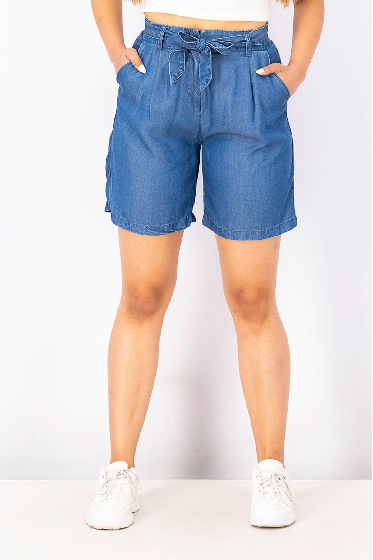 Esprit-Women Plain Belted Denim Shorts, indigo 1