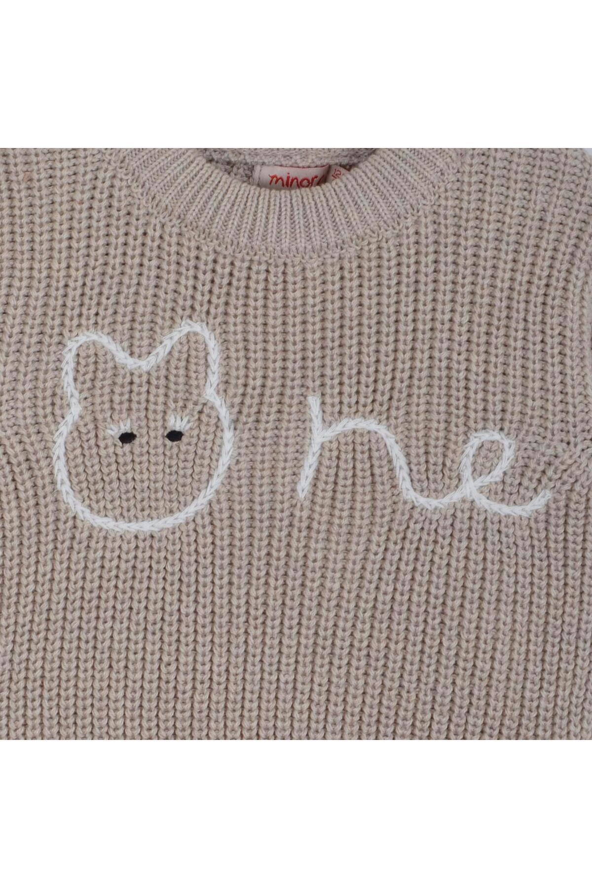 Minora Triko Oversize Selanik Örgü Nakışlı Bebek Kazak  Bej fotoğrafı 3 (önizleme)