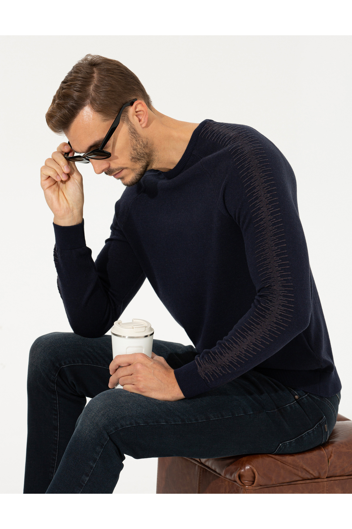 ژاکت بافتنی یقه گرد اسلیم فیت سرمه‌ای 50261149-VR033 پیر کاردین پلیور Pierre Cardin