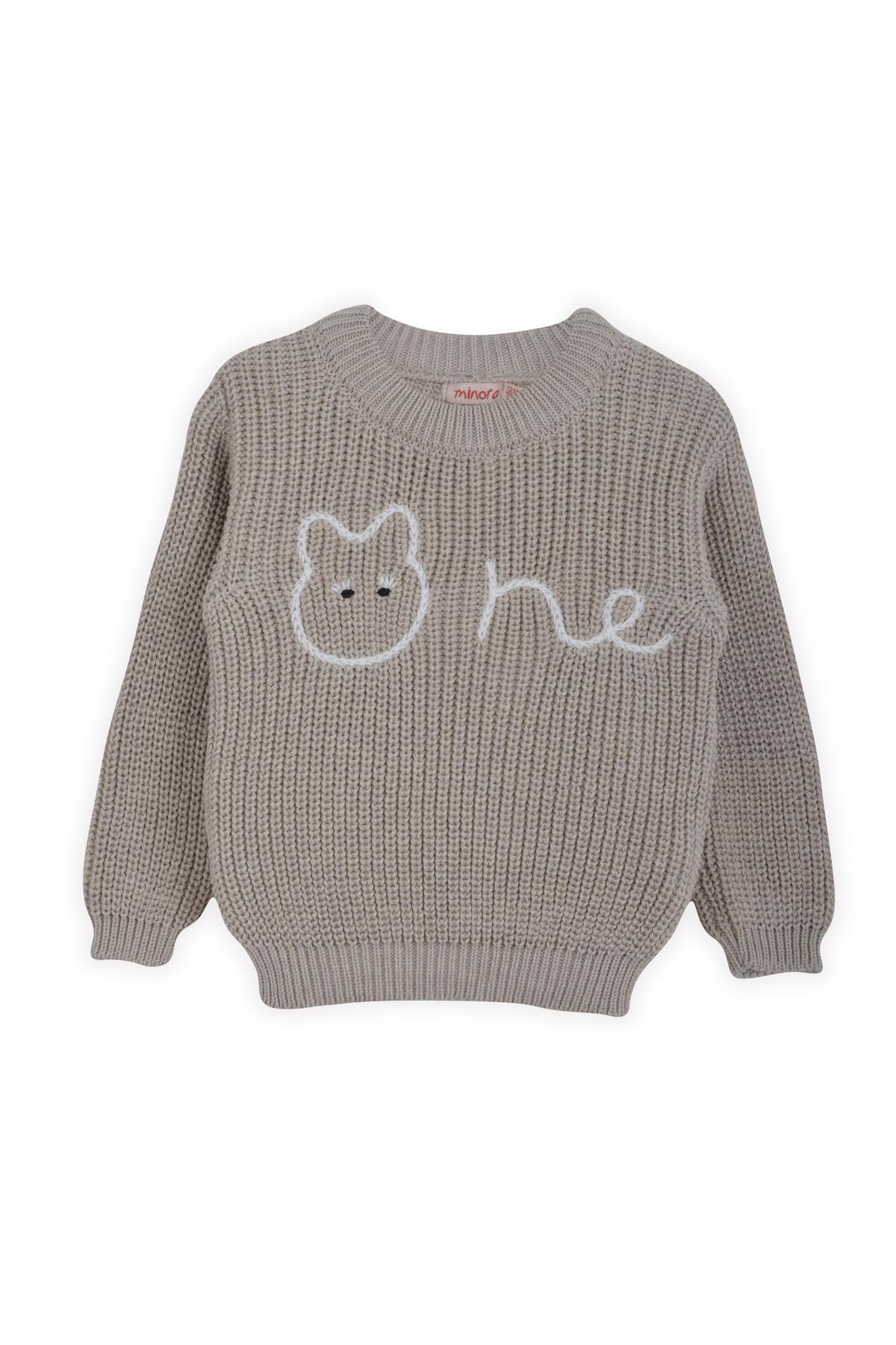 Minora Triko Oversize Selanik Örgü Nakışlı Bebek Kazak  Bej fotoğrafı 2 (önizleme)