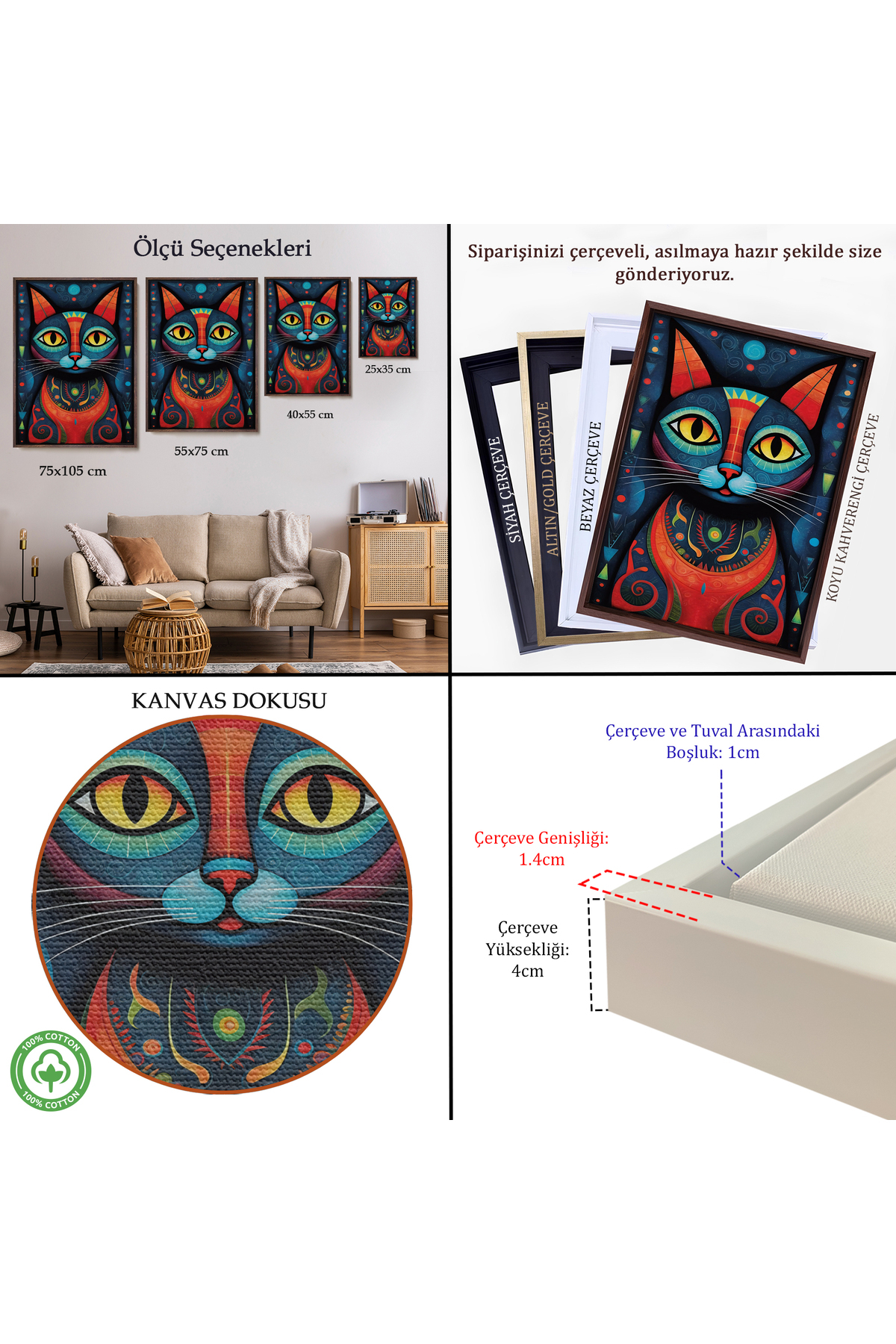 Pablo Picasso Tarzı - Soyut Renkli Kedi Çerçeveli Kanvas Tablo görsel 5