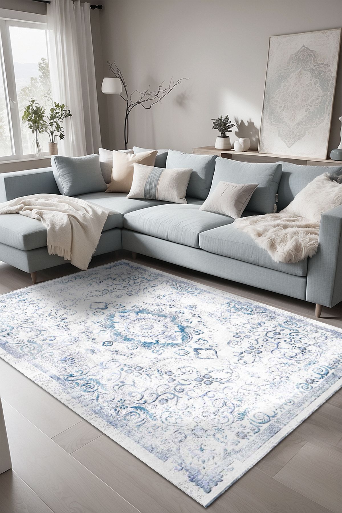 Lattedizayn Petunia Eskitme Yıkanabilir Kaymaz Pamuk Taban Kadife Salon Mutfak Halısı Yolluk Kilim