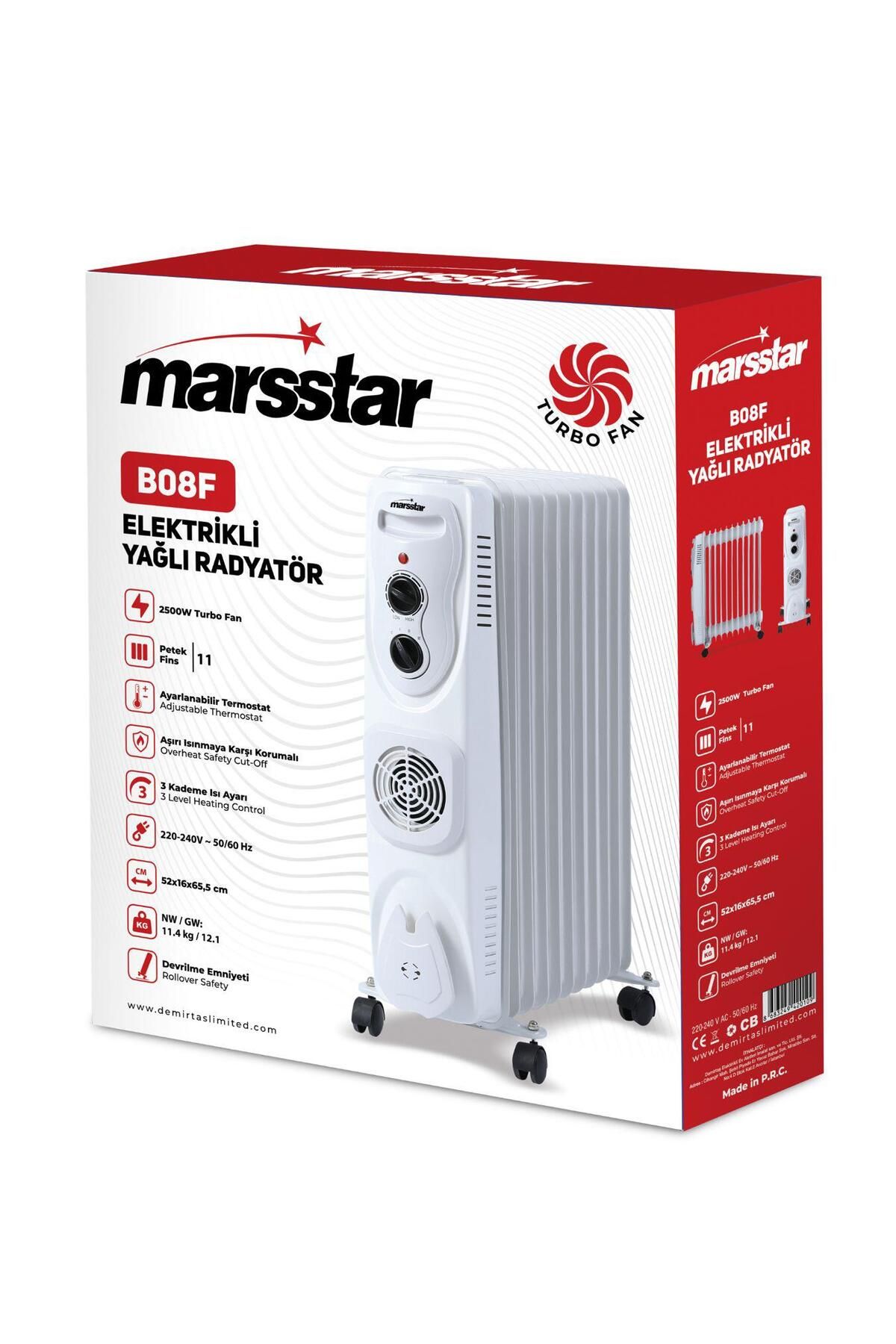 Marsstar B08F Turbo Fanlı 11 Dilim Elektrikli Yağlı Radyatör, 2500 Watt Petek Isıtıcı